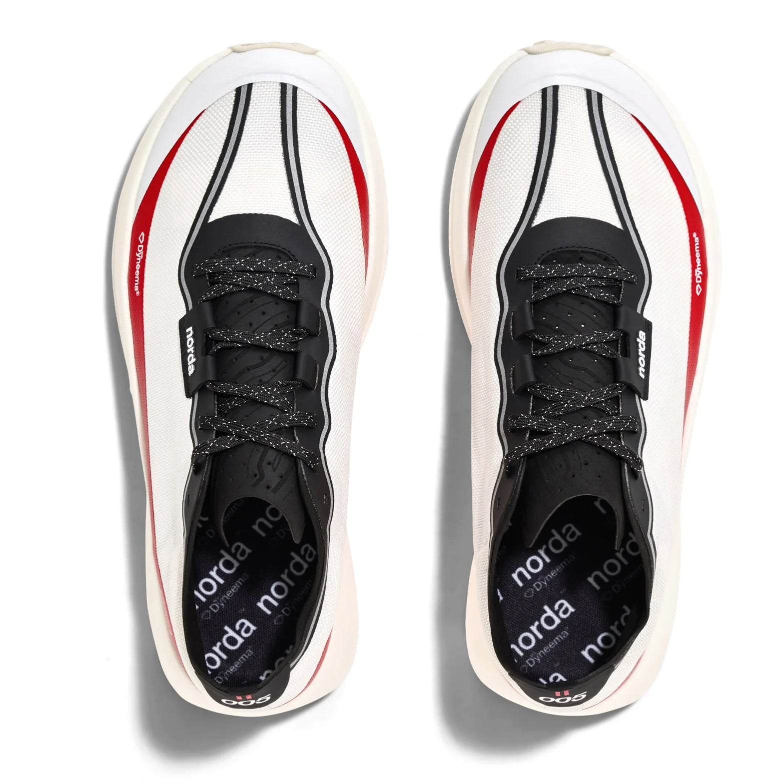 Men's norda 005 Trail Running Shoes Laser top view showing open mesh Bio-Dyneema upper with perforated microsuede tongue and reflective piping for trail racing visibility