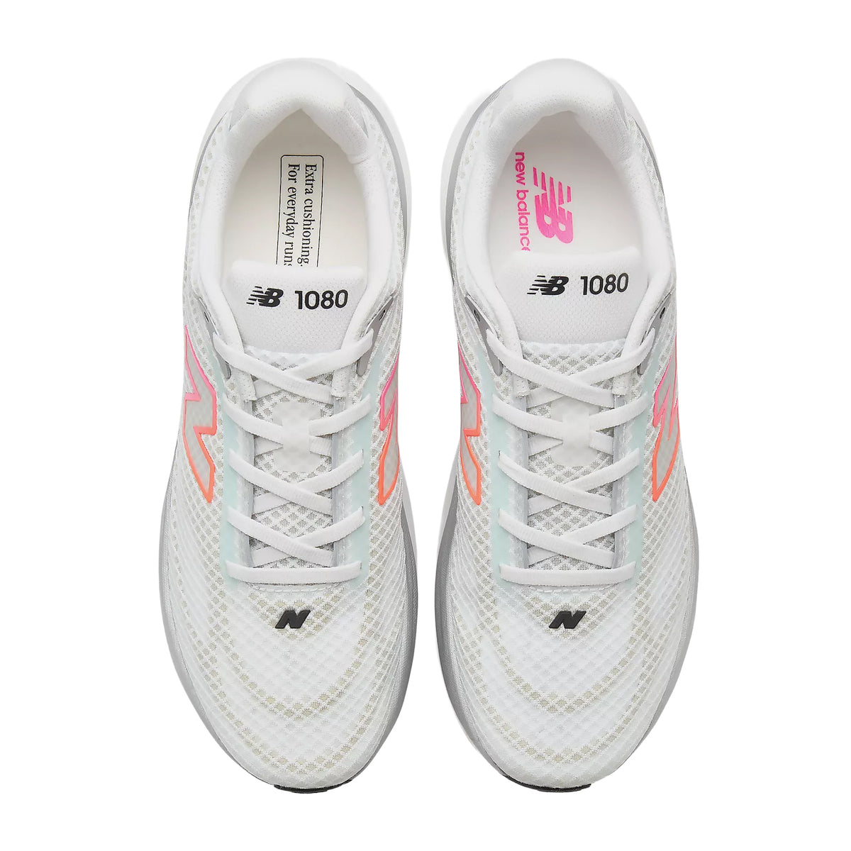 New Balance 1080v15 Breathe men's running shoe in White / Pink Heat / Tangerine Heat — top-down view showing white perforated mesh upper construction, moulded contour detailing and lace closure with pink heat accent