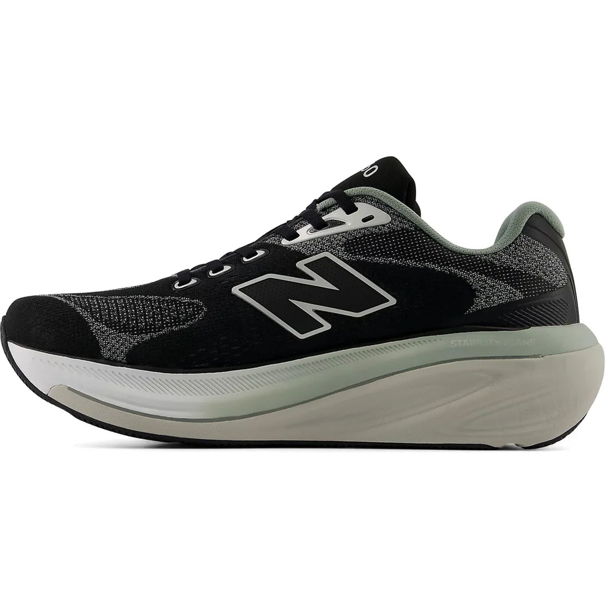 The Men’s 860v15 Running Shoes in Black / Bayberry by New Balance are black and gray athletic running shoes featuring a prominent N logo on the side and a thick, curved white sole. Designed for stability, they incorporate Fresh Foam X cushioning for exceptional comfort, while the low-cut design and mesh material enhance breathability.