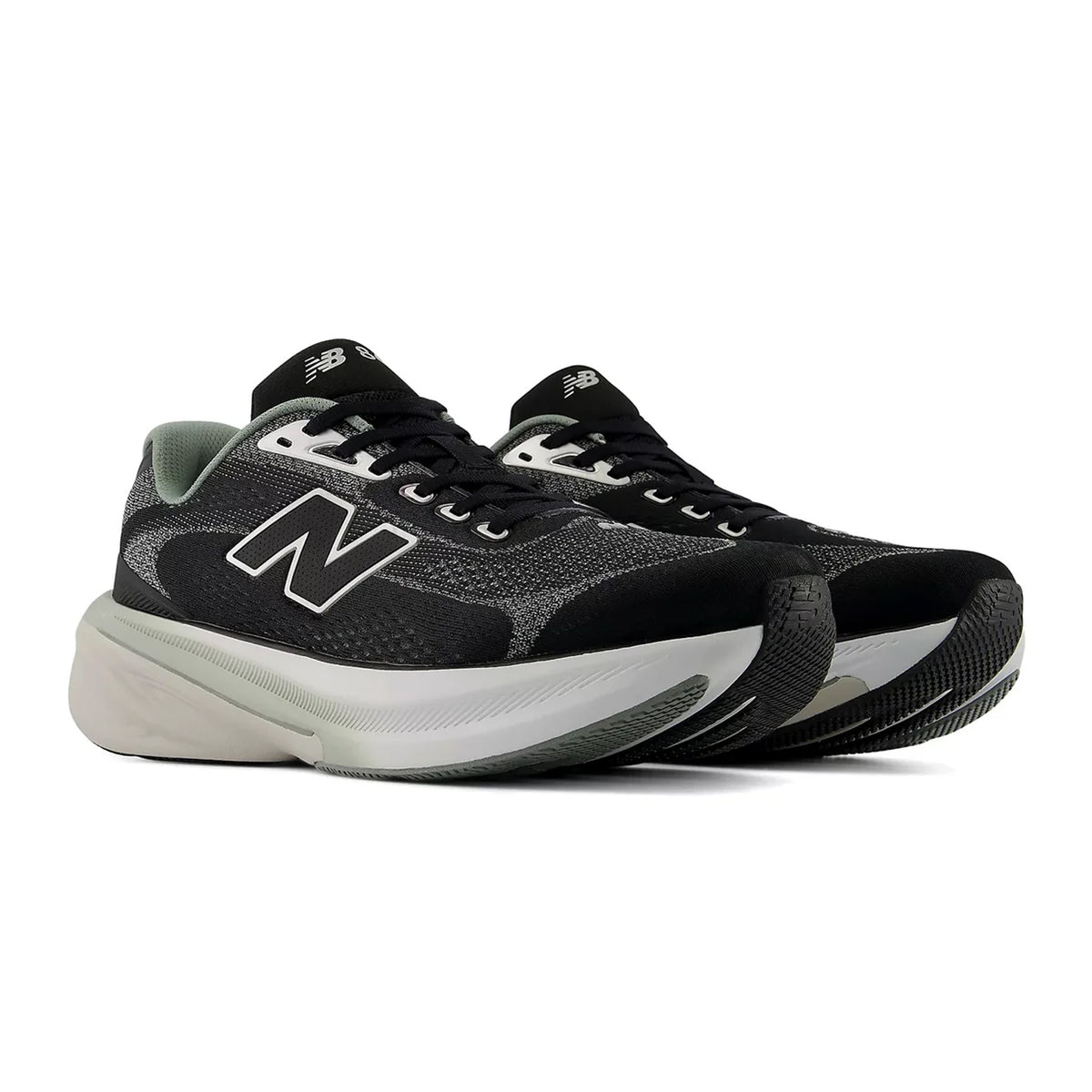 A pair of black and gray New Balance running shoes with white midsoles, mesh uppers, and large N logos on the sides, positioned at an angle on a white background.