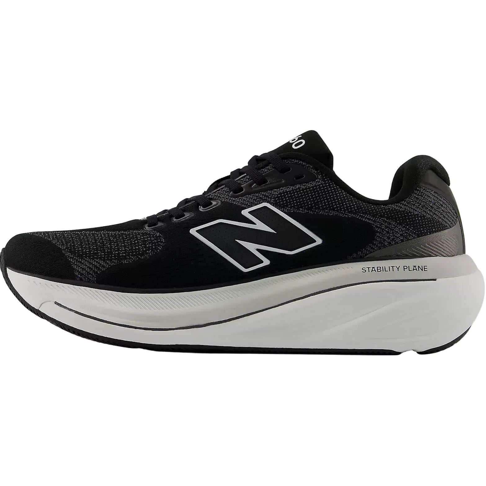 Men's New Balance 860v15 Running Shoes Black White inner side view showing Stability Plane support with Fresh Foam X cushioning for overpronation control