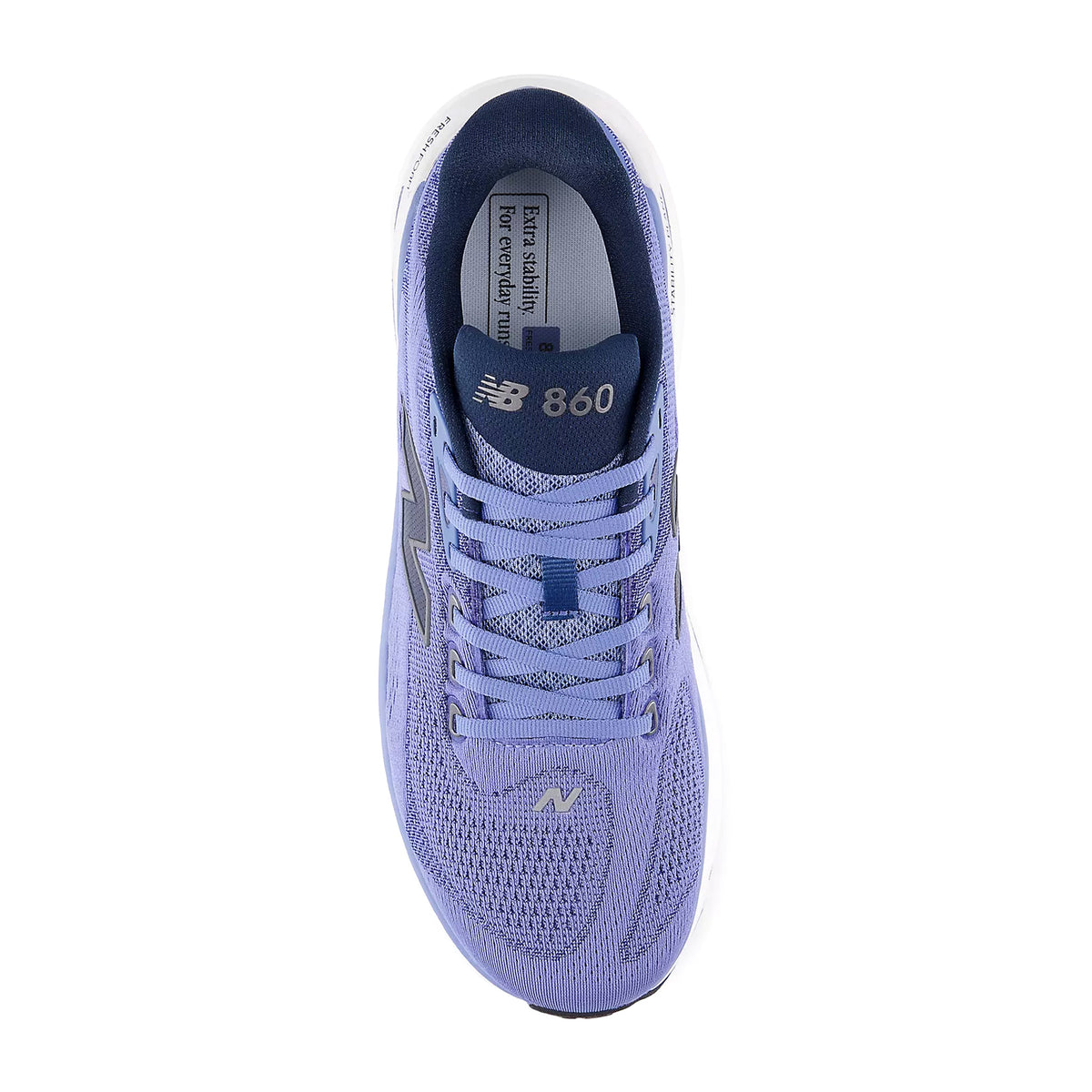 New Balance 860v15 Wide Fit men's running shoe in Fairweather Blue / NB Navy — top-down view showing fairweather blue synthetic upper construction, wide fit silhouette and lace closure