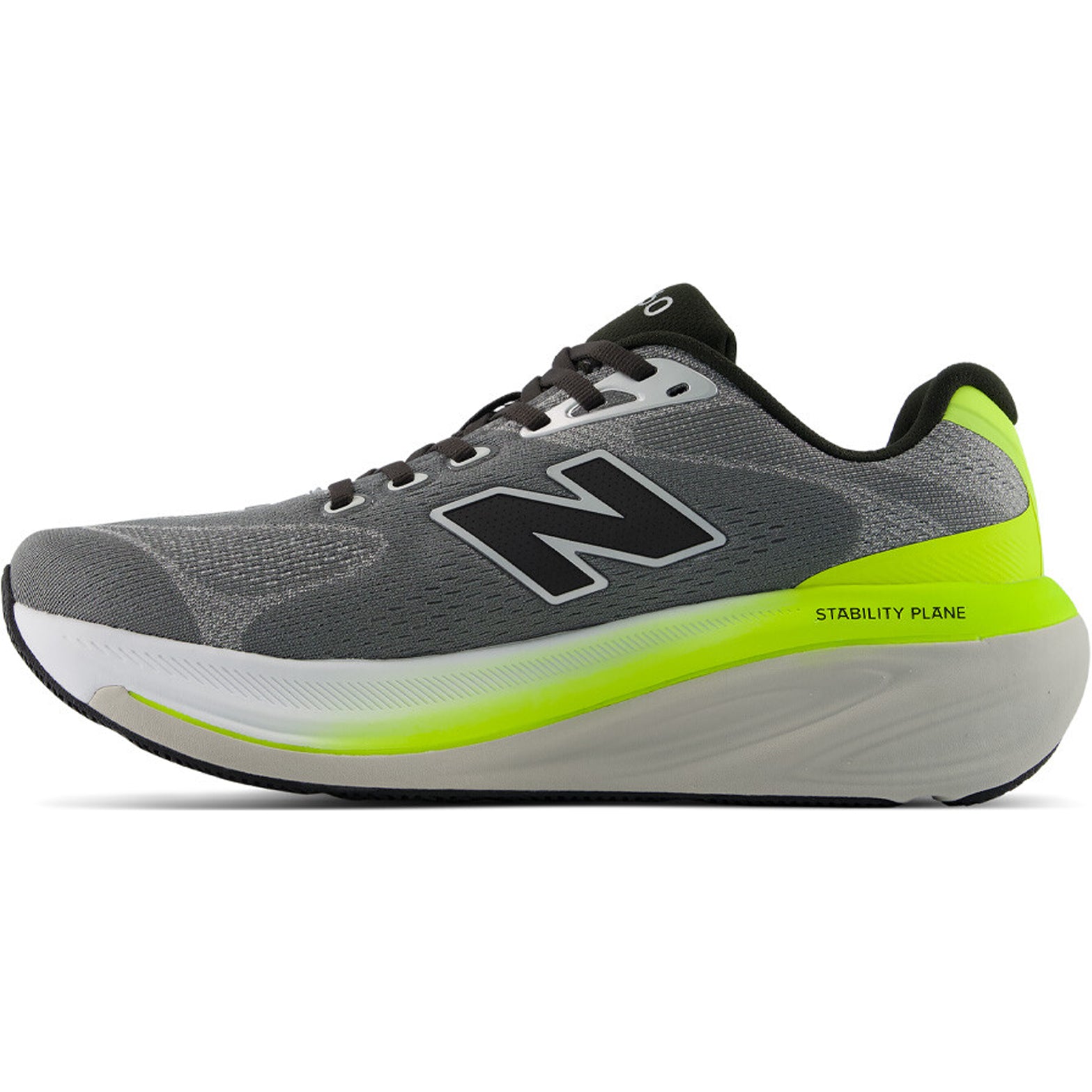 Men's New Balance 860v15 Wide Fit Running Shoes Slate Grey Alkaline Green inner side view showing Stability Plane support with Fresh Foam X cushioning and wide fit construction for comfortable overpronation control