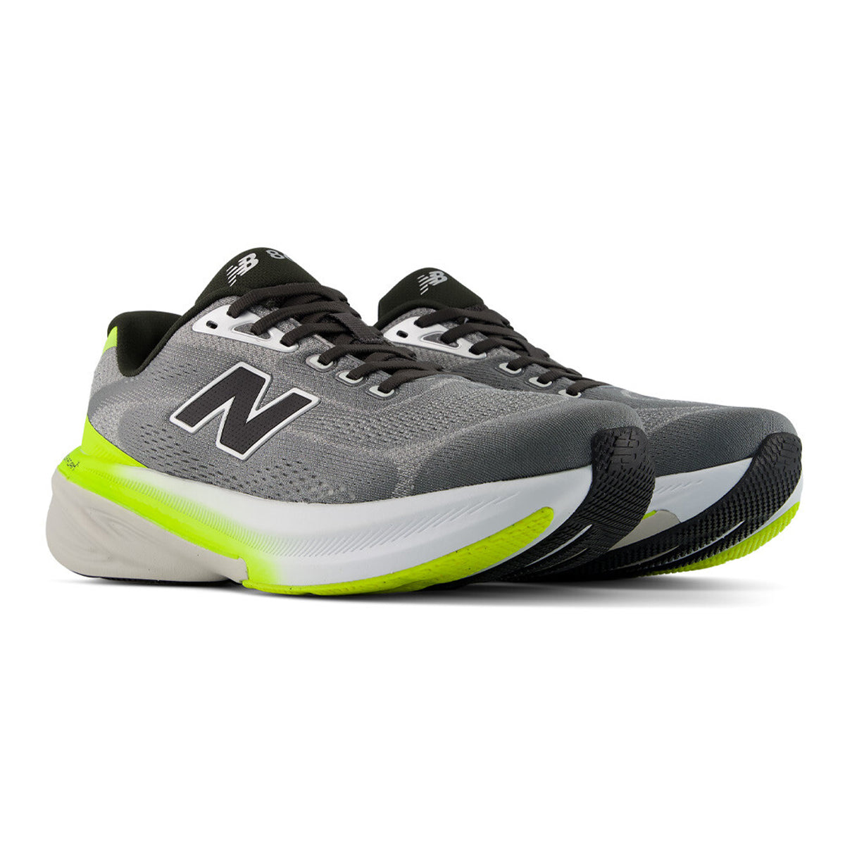 Men's New Balance 860v15 Wide Fit Running Shoes Slate Grey Alkaline Green angled side view of pair showing Fresh Foam X cushioning with Stability Plane technology, rocker profile and wide fit construction for reliable stability running