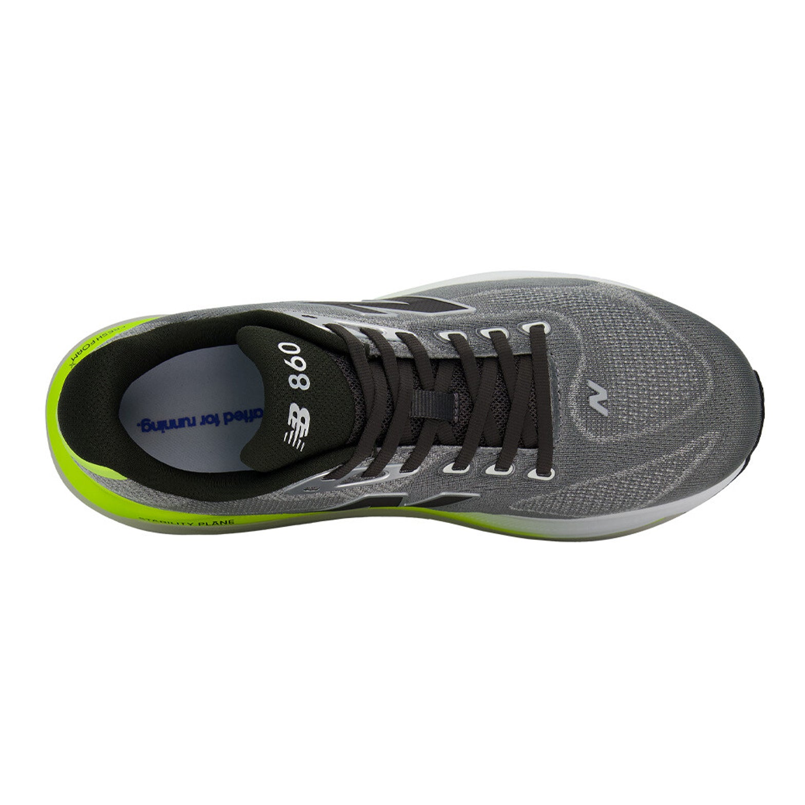 Men's New Balance 860v15 Wide Fit Running Shoes Slate Grey Alkaline Green top view showing synthetic upper with wide fit construction and breathable design for comfortable daily training