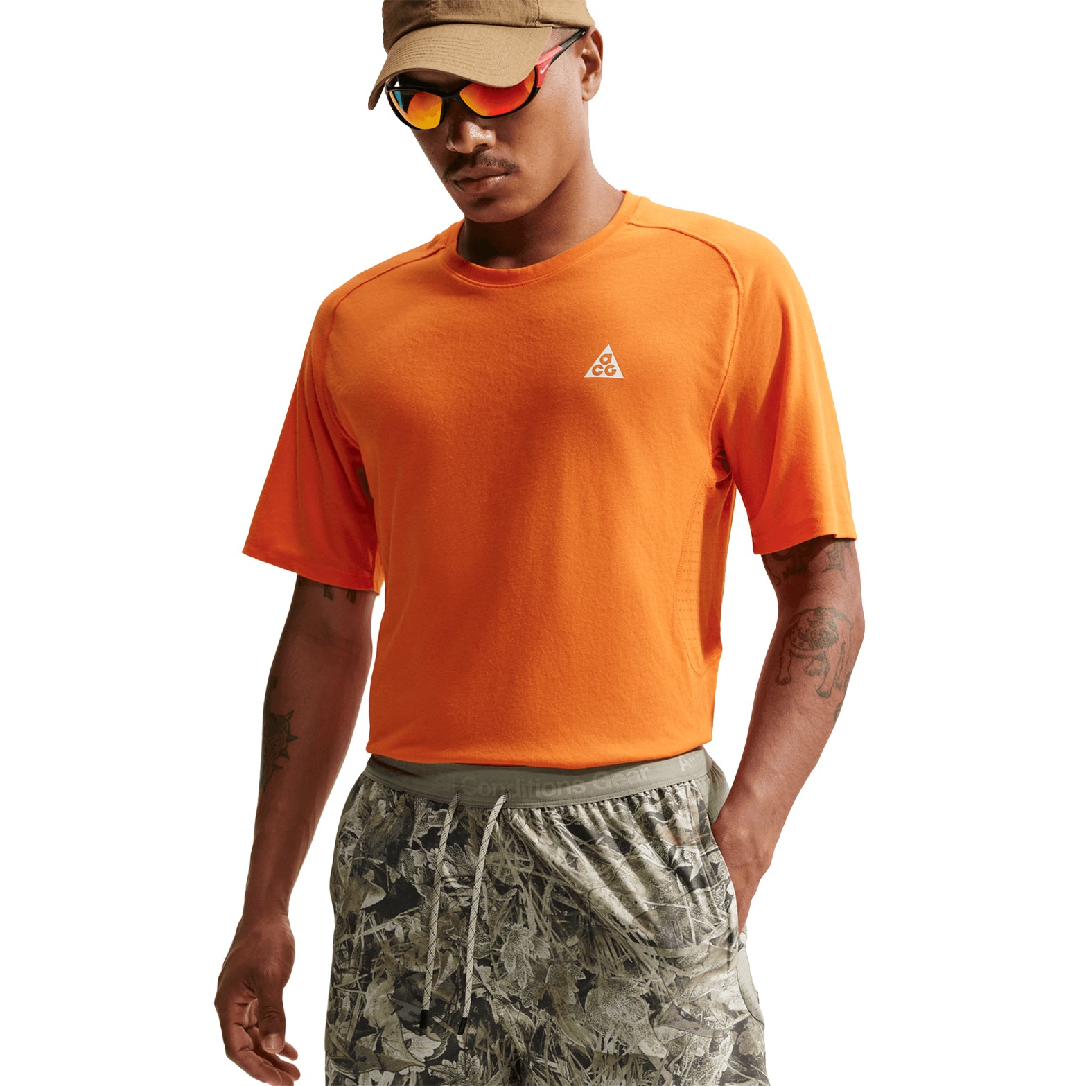 Men's Nike ACG 6 Inch Running Shorts Sequoia Light Army Summit White front view on male trail runner showing four-way stretch panels with Dri-FIT moisture-wicking and side drop-in pockets for trail running