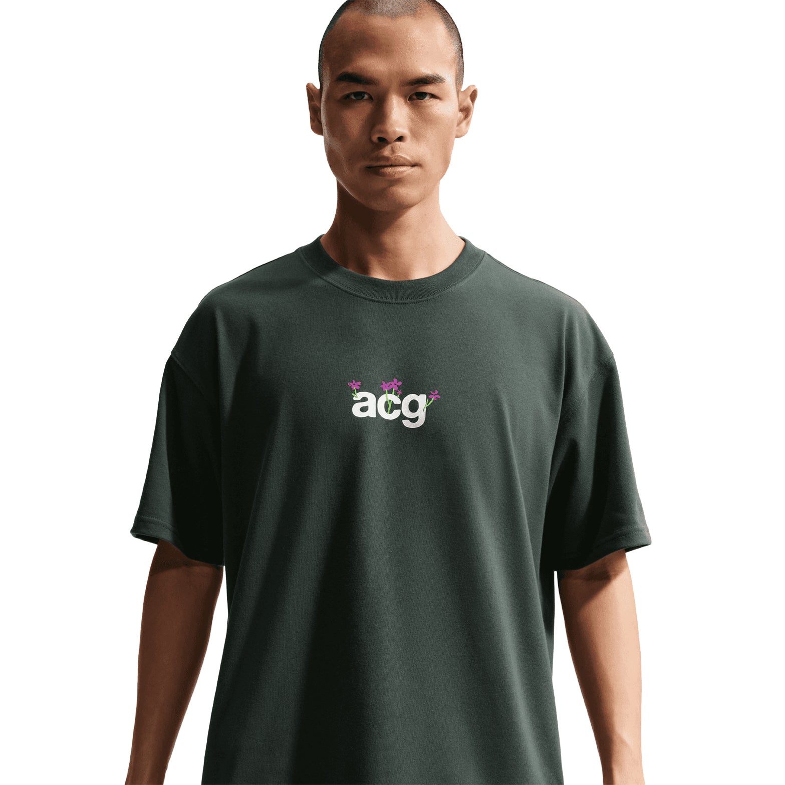 Nike ACG men's Dri-FIT tee in Black Spruce — front product shot showing black spruce smooth fabric construction with ACG design and Dri-FIT moisture-wicking technology