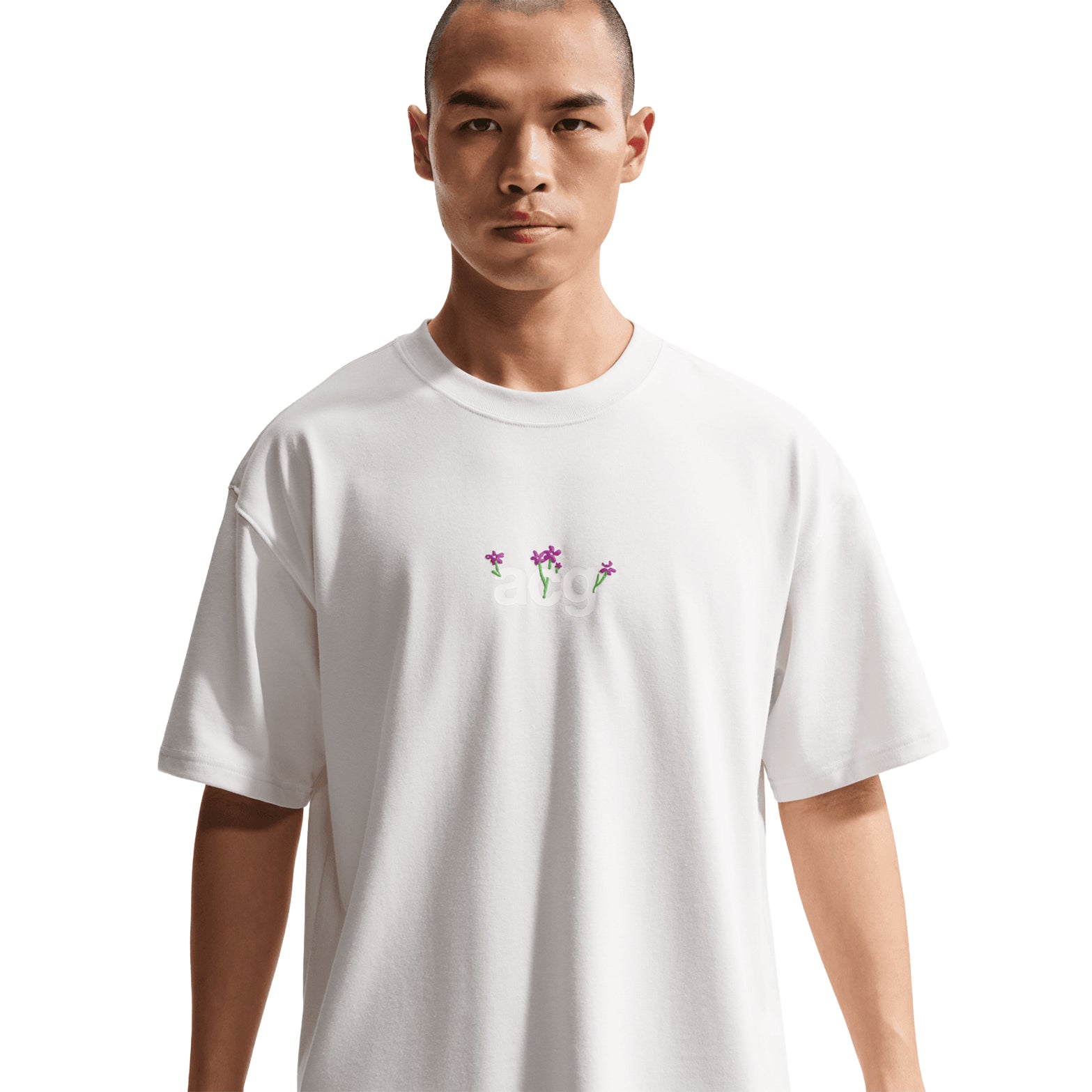 Men's Nike ACG Dri-FIT Tee Phantom front view on male model showing moisture-wicking Dri-FIT construction with ACG branding for trail running and outdoor activities