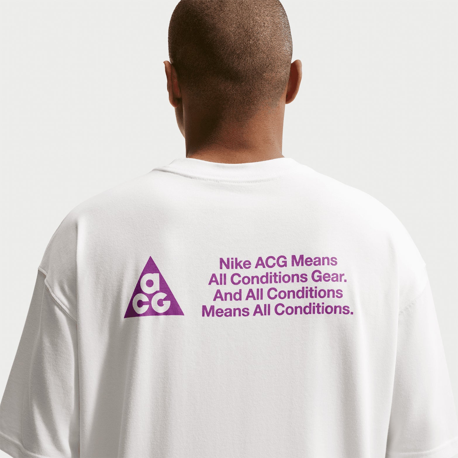 Men's Nike ACG Dri-FIT Tee Summit White back view showing breathable construction with quick-dry Dri-FIT technology for all-conditions wear & print