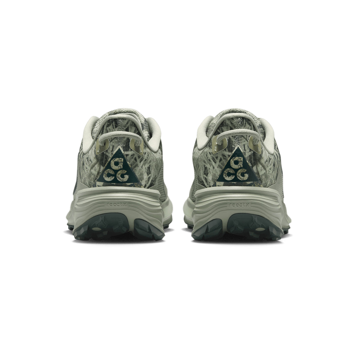 Men's Nike ACG Pegasus Trail Running Shoes Spruce Fog Sea Glass Black Spruce heel view showing increased ReactX foam stack with All Terrain Compound outsole for responsive cushioned trail running