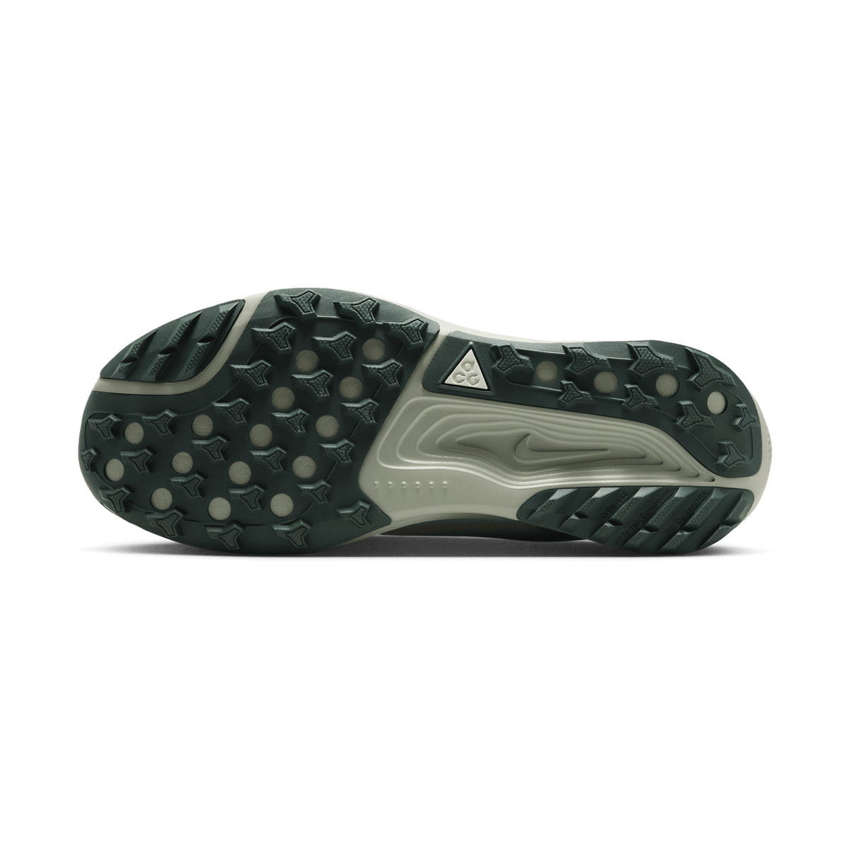 Men's Nike ACG Pegasus Trail Running Shoes Spruce Fog Sea Glass Black Spruce sole view displaying All Terrain Compound outsole with aggressive traction pattern for confident grip on wet muddy and technical terrain