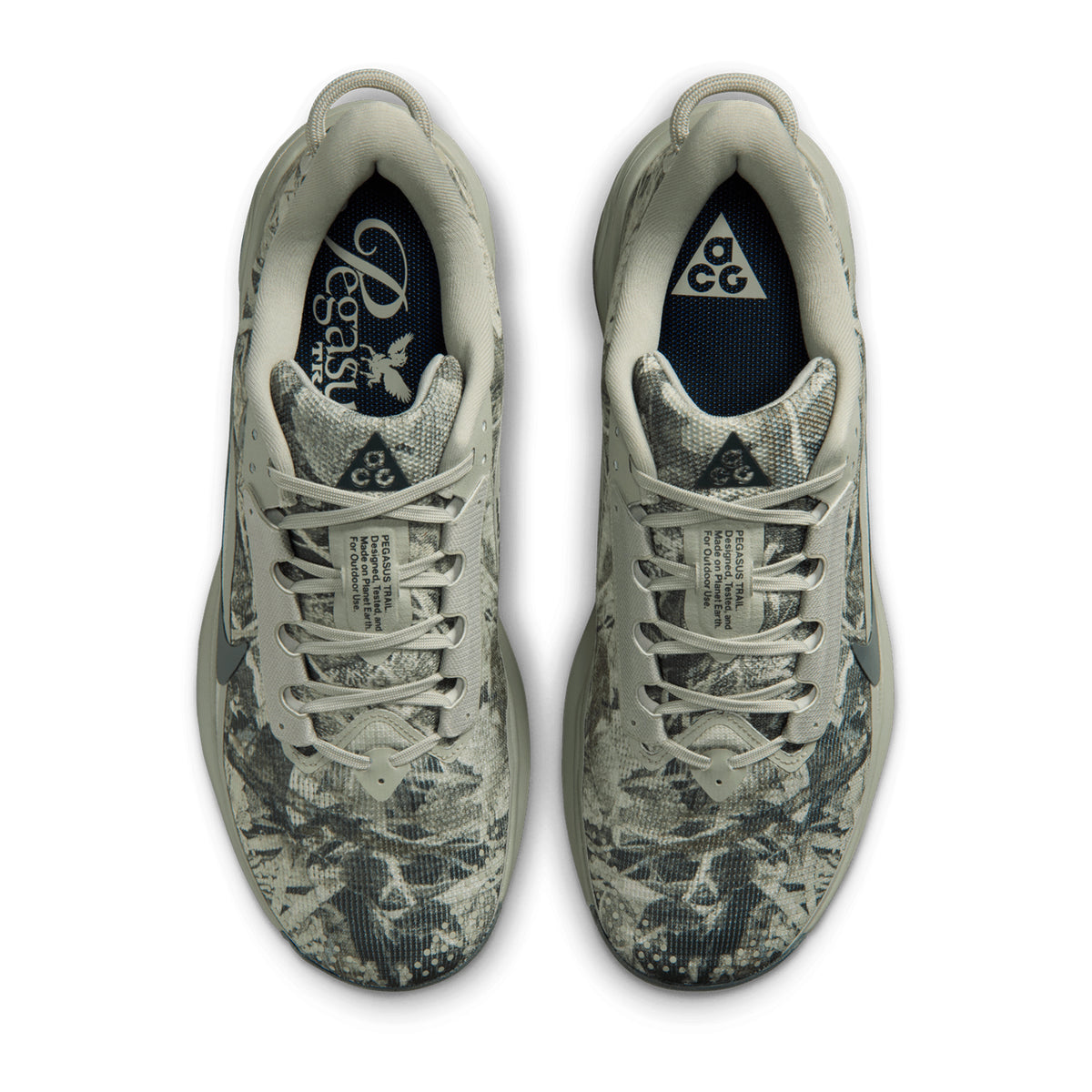 Men's Nike ACG Pegasus Trail Running Shoes Spruce Fog Sea Glass Black Spruce top view showing lightweight engineered mesh upper with wider forefoot and water-shedding breathable construction for trail running