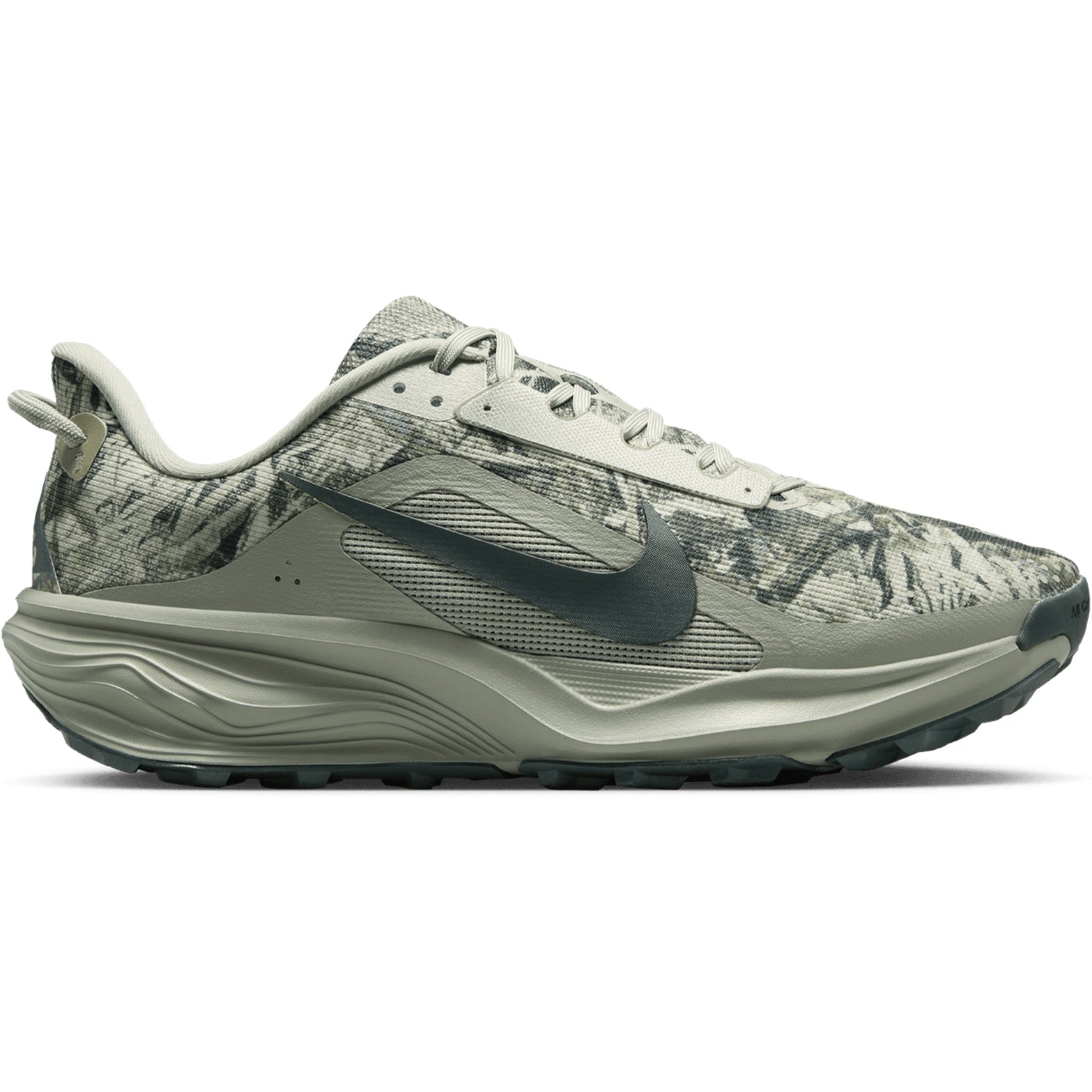 Men's Nike ACG Pegasus Trail Running Shoes Spruce Fog Sea Glass Black Spruce outer side view showing ReactX foam midsole with All Terrain Compound outsole for responsive trail running with road-shoe comfort