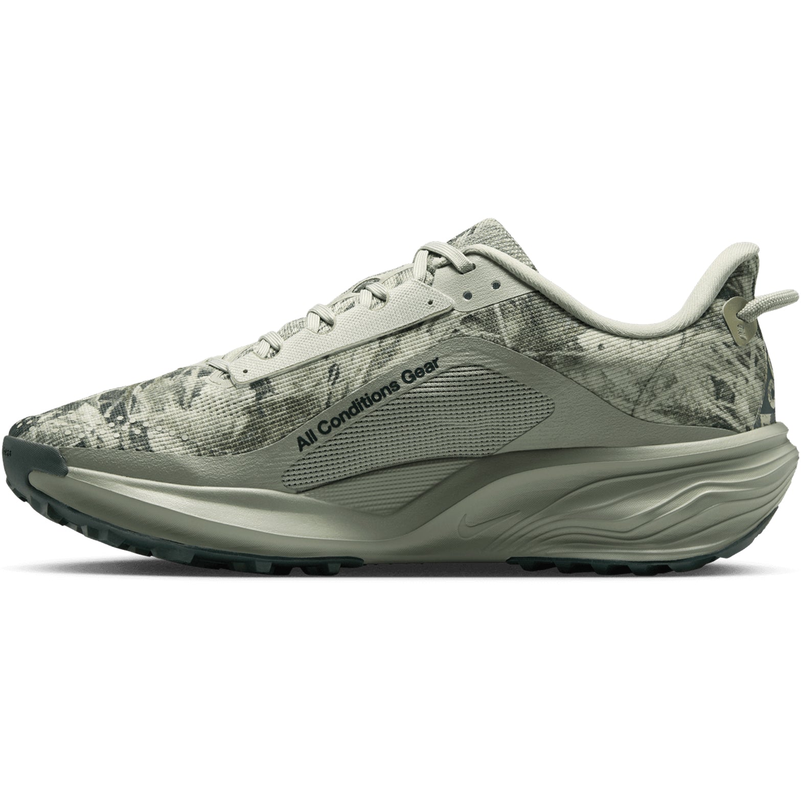 Men's Nike ACG Pegasus Trail Running Shoes Spruce Fog Sea Glass Black Spruce inner side view showing increased ReactX foam stack with wider forefoot design for stable cushioned technical trail running