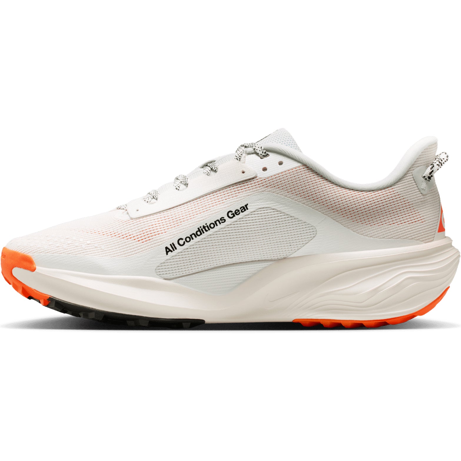 Nike ACG Pegasus Trail men's running shoe in Summit White / Phantom / Safety Orange / Black — inner view showing summit white engineered mesh upper, phantom midsole detailing, wider forefoot design and ReactX foam cushioning construction