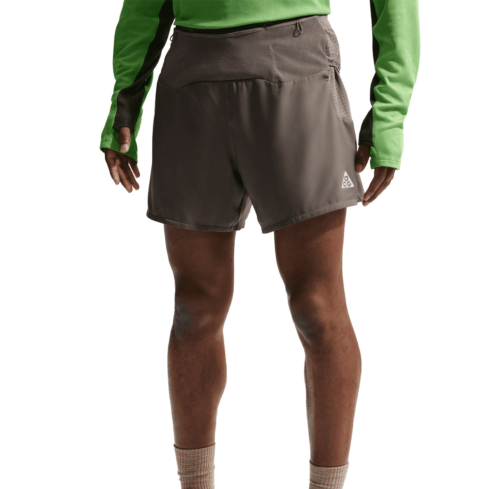 Men's Nike ACG Second Sunrise Dri-FIT 5 Inch Running Shorts Ironstone Cave Stone Summit White front view showing 8-pocket design with mesh-lined stash pockets and Dri-FIT ADV moisture-wicking construction