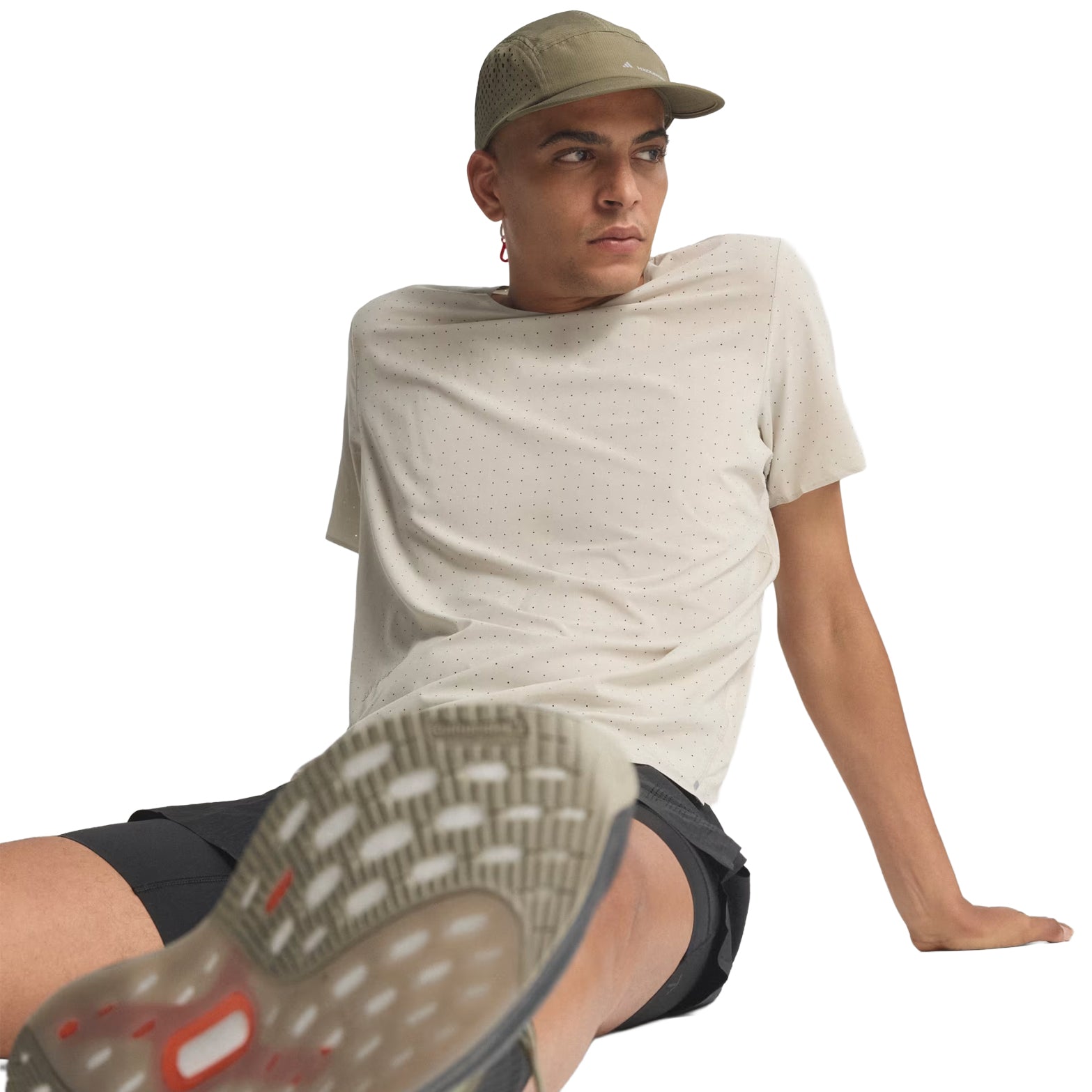 Men's adidas Adi365 H.Koumori Running Tee Putty Grey front view on male runner showing soft cotton fabric with UNITEFIT all-gender fit system for comfortable running