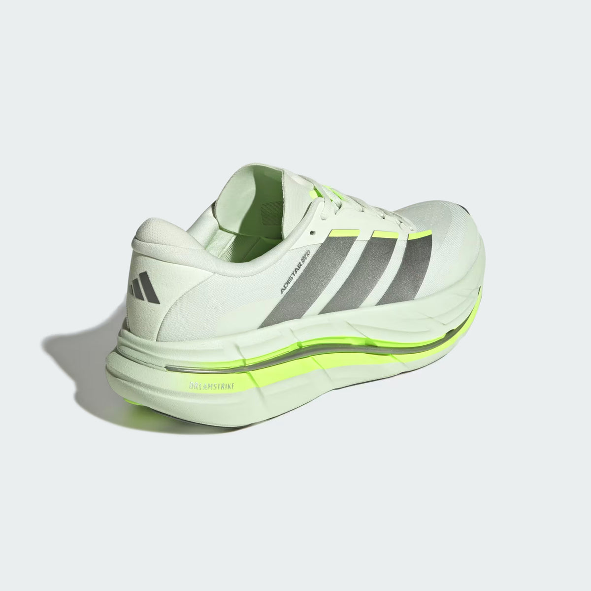 Men's Adidas Adistar BYD 2 Running Shoes Off White Iron Metallic Hi Res Green heel view showing Dreamstrike foam with rocker geometry and distance last for cushioned impact protection during extended running