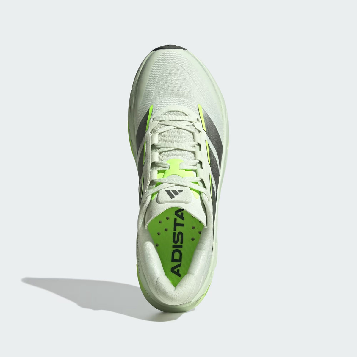 Men's Adidas Adistar BYD 2 Running Shoes Off White Iron Metallic Hi Res Green top view showing adjustable lacing system with distance last construction for tailored long-distance running fit