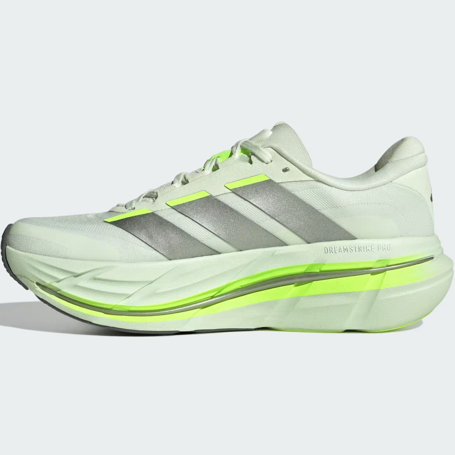 Men's Adidas Adistar BYD 2 Running Shoes Off White Iron Metallic Hi Res Green inner side view showing internal fit panel with Dreamstrike cushioning and adjustable midfoot lockdown for long-run comfort