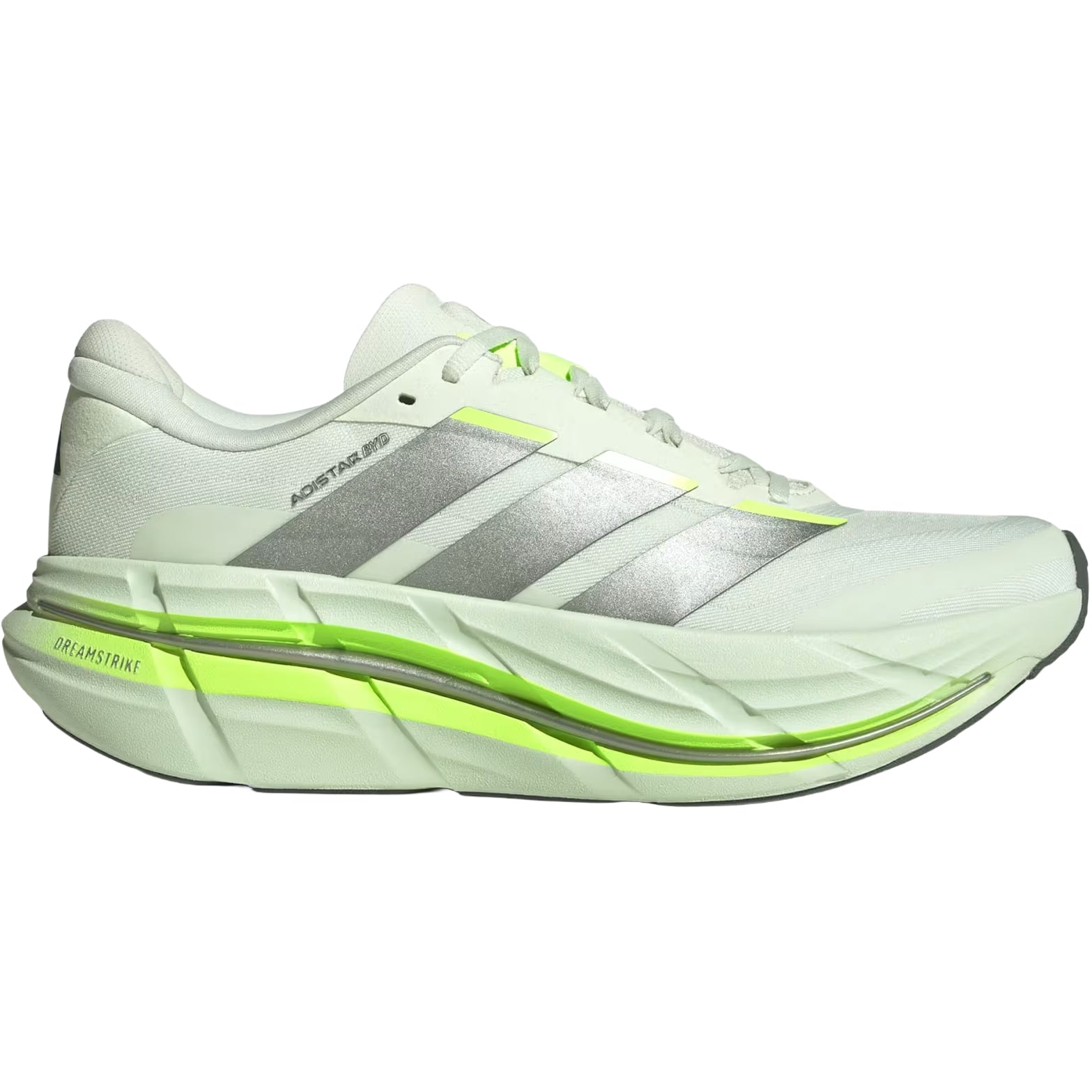 Men's Adidas Adistar BYD 2 Running Shoes Off White Iron Metallic Hi Res Green outer side view showing Dreamstrike foam midsole with rocker geometry for smooth supportive long-distance running