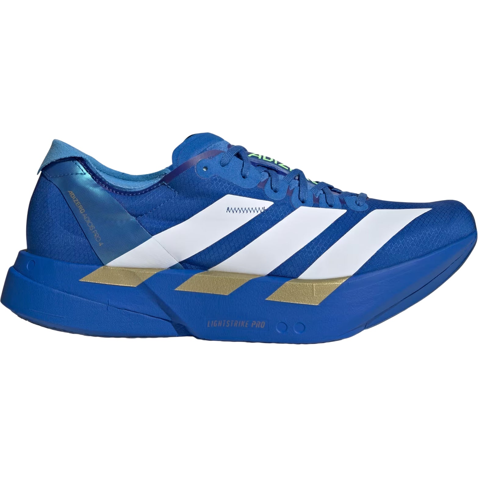 Men's adidas Adizero Adios Pro 4 Running Shoes Blue Cloud White Lime Burst outer side view showing carbon fibre ENERGYRODS 2.0 with LIGHTSTRIKE PRO foam for elite marathon racing