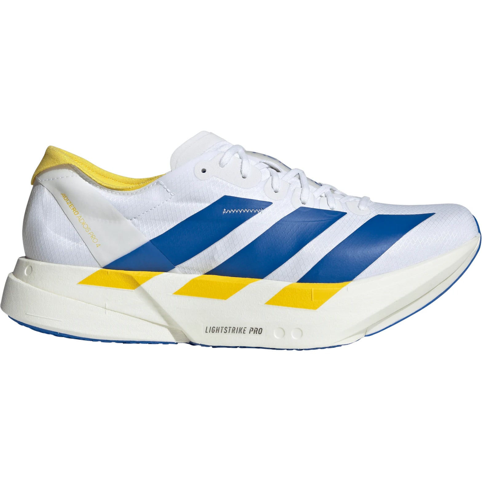 Men's Adidas Adizero Adios Pro 4 Running Shoes Cloud White Blue Yellow outer side view showing carbon-infused ENERGYRODS 2.0 and double-layer LIGHTSTRIKE PRO cushioning
