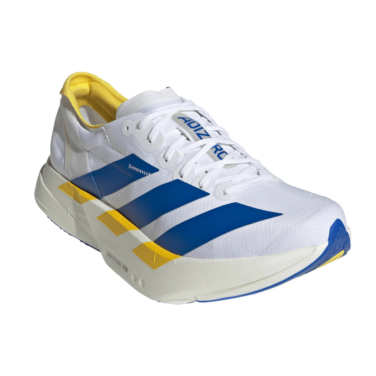 Men's Adidas Adizero Adios Pro 4 Running Shoes Cloud White Blue Yellow angled side view showing ENERGYRODS 2.0 carbon technology and LIGHTSTRIKE PRO midsole stack