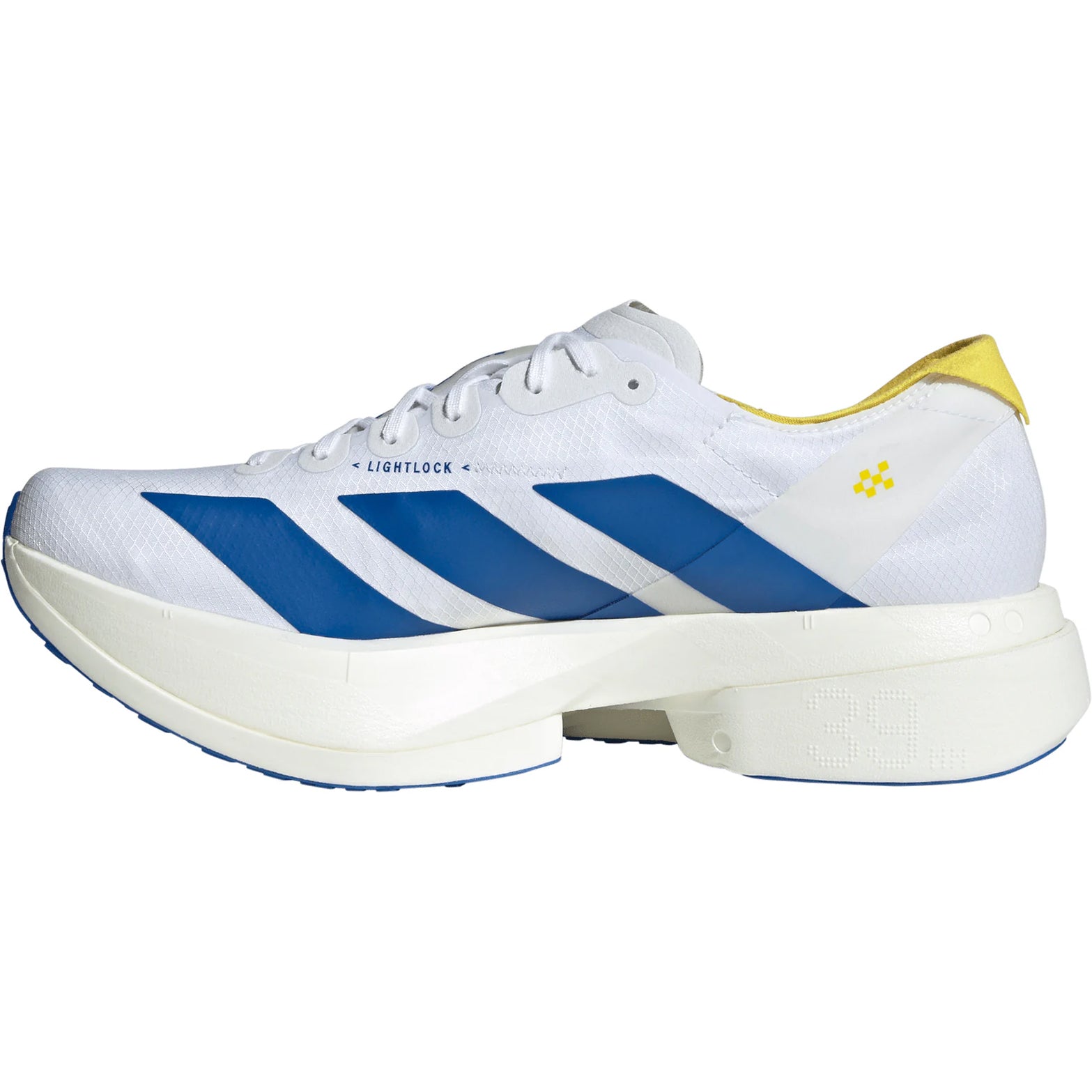 Men's Adidas Adizero Adios Pro 4 Running Shoes Cloud White Blue Yellow inner side view showing ultralight LIGHTSTRIKE PRO foam and rocker point geometry
