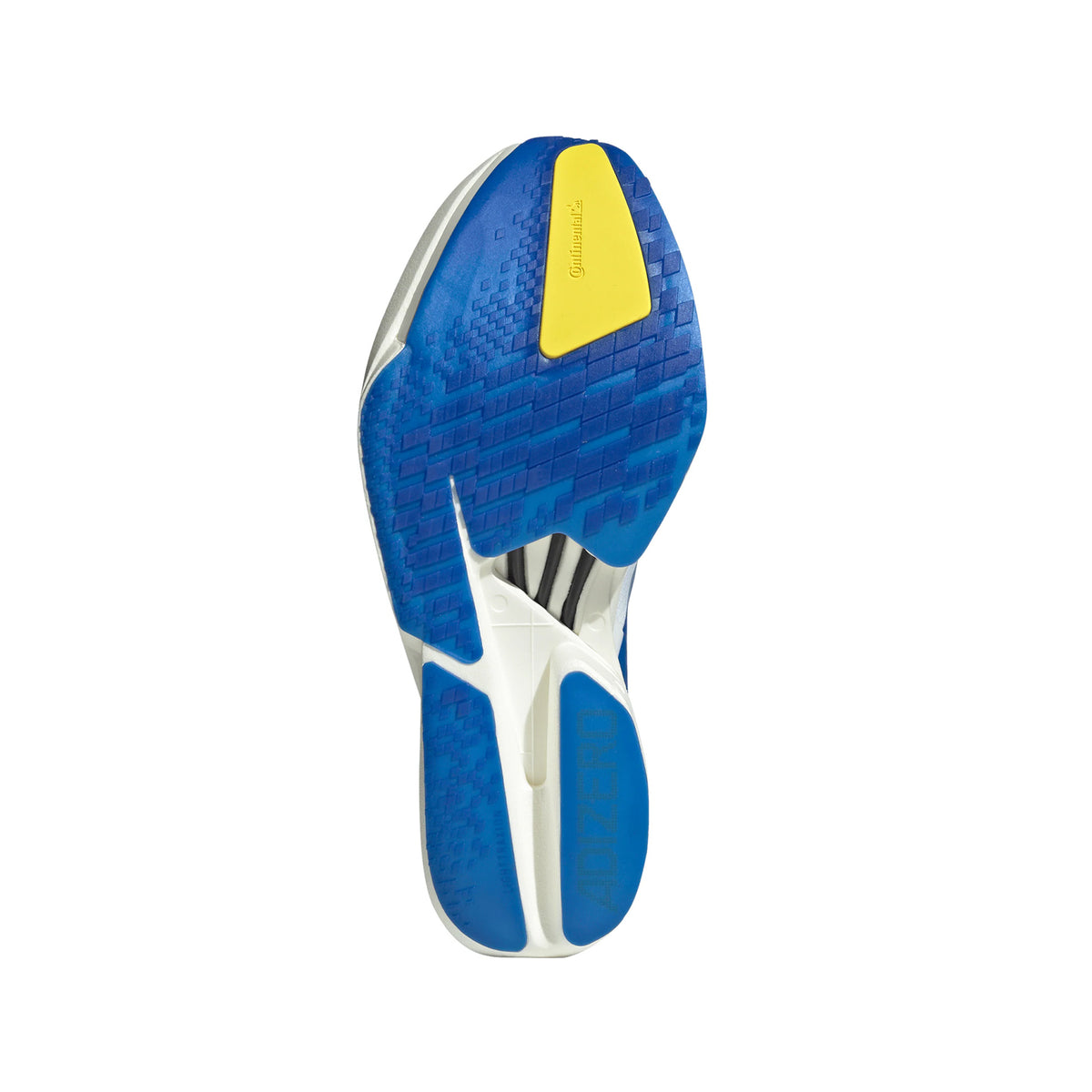 Men's Adidas Adizero Adios Pro 4 Running Shoes Cloud White Blue Yellow sole view displaying Continental rubber outsole and LIGHTRAXION technology