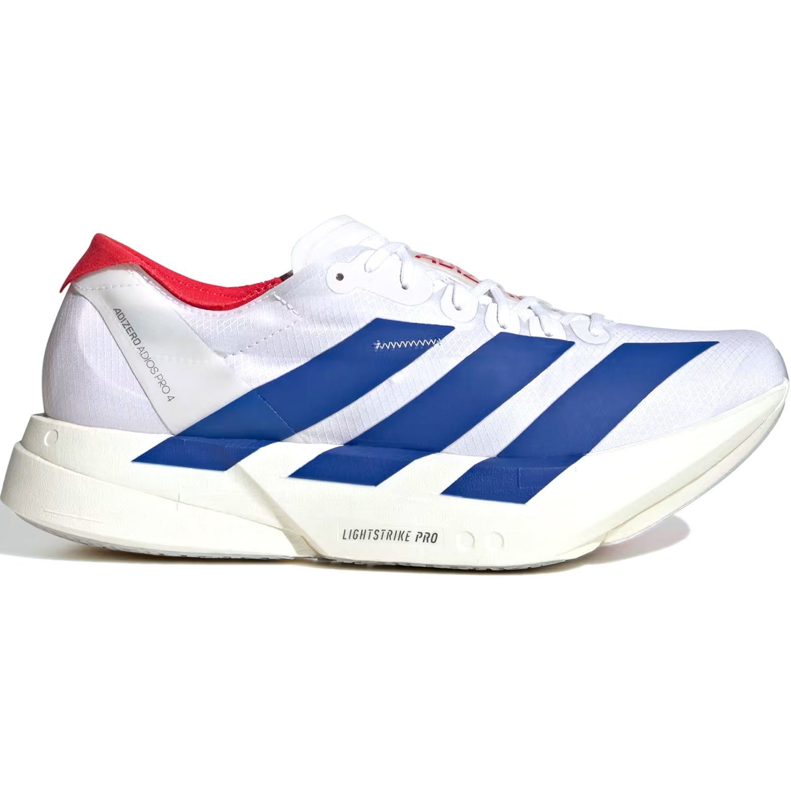 Men's adidas Adizero Adios Pro 4 Running Shoes White Blue Red outer side view showing carbon-plated racing construction with LIGHTSTRIKE PRO cushioning