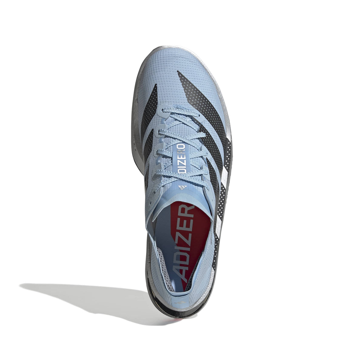 Men’s Adizero Adios Pro 5 Running Shoes Clear Sky by Adidas seen from above, with black stripes, a red ADIZER insole, LightstrikePro cushioning, and a left shadow on a white background.