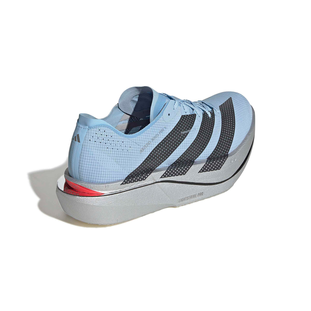 Men’s Adizero Adios Pro 5 Running Shoes Clear Sky by Adidas, featuring light blue uppers with black stripes, a thick white and gray LightstrikePro sole, and red heel accents on a white background.