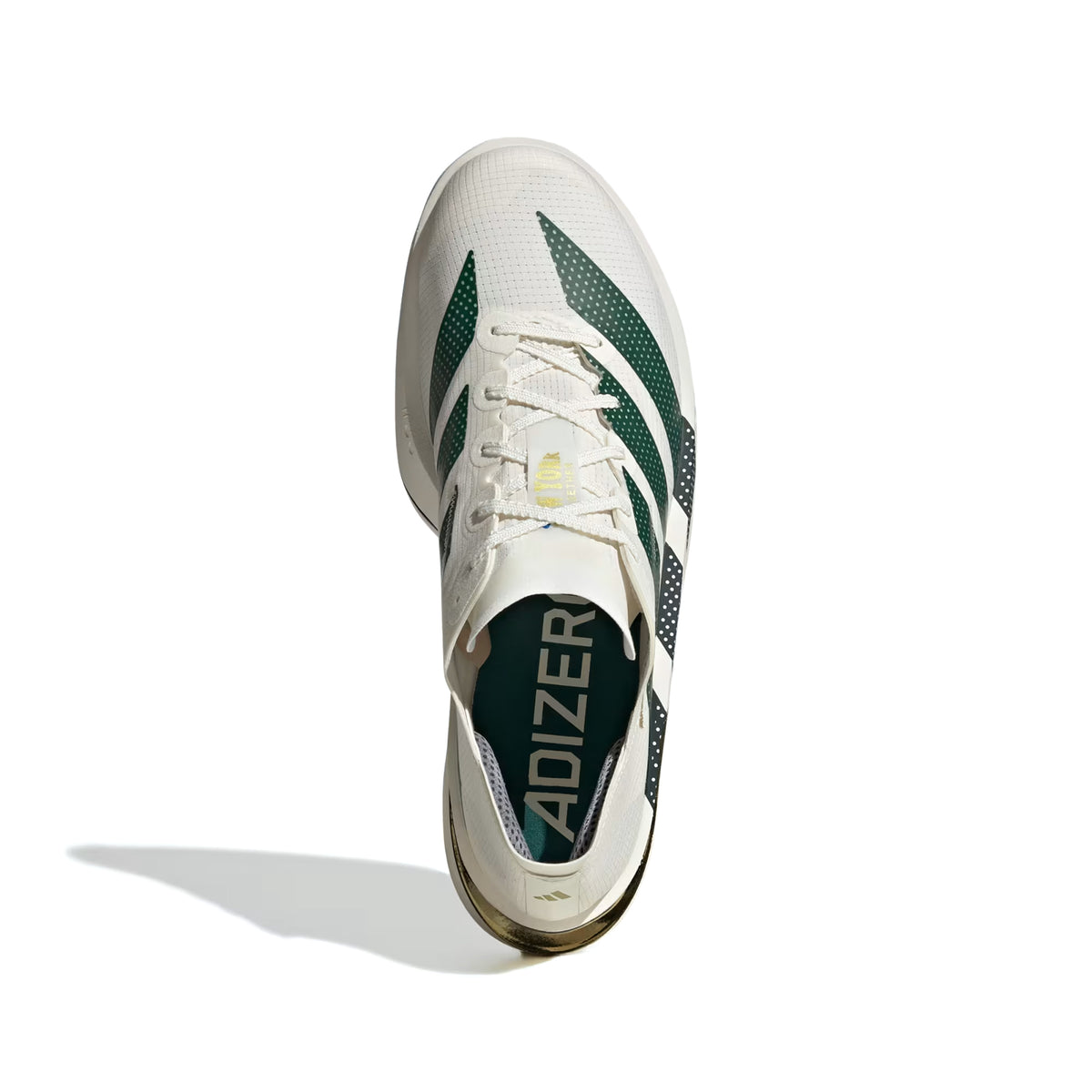 Top-down view of an off-white and collegiate green Men’s Adizero Adios Pro 5 Running Shoes with royal blue accents and the word ADIZERO printed on the insole.
