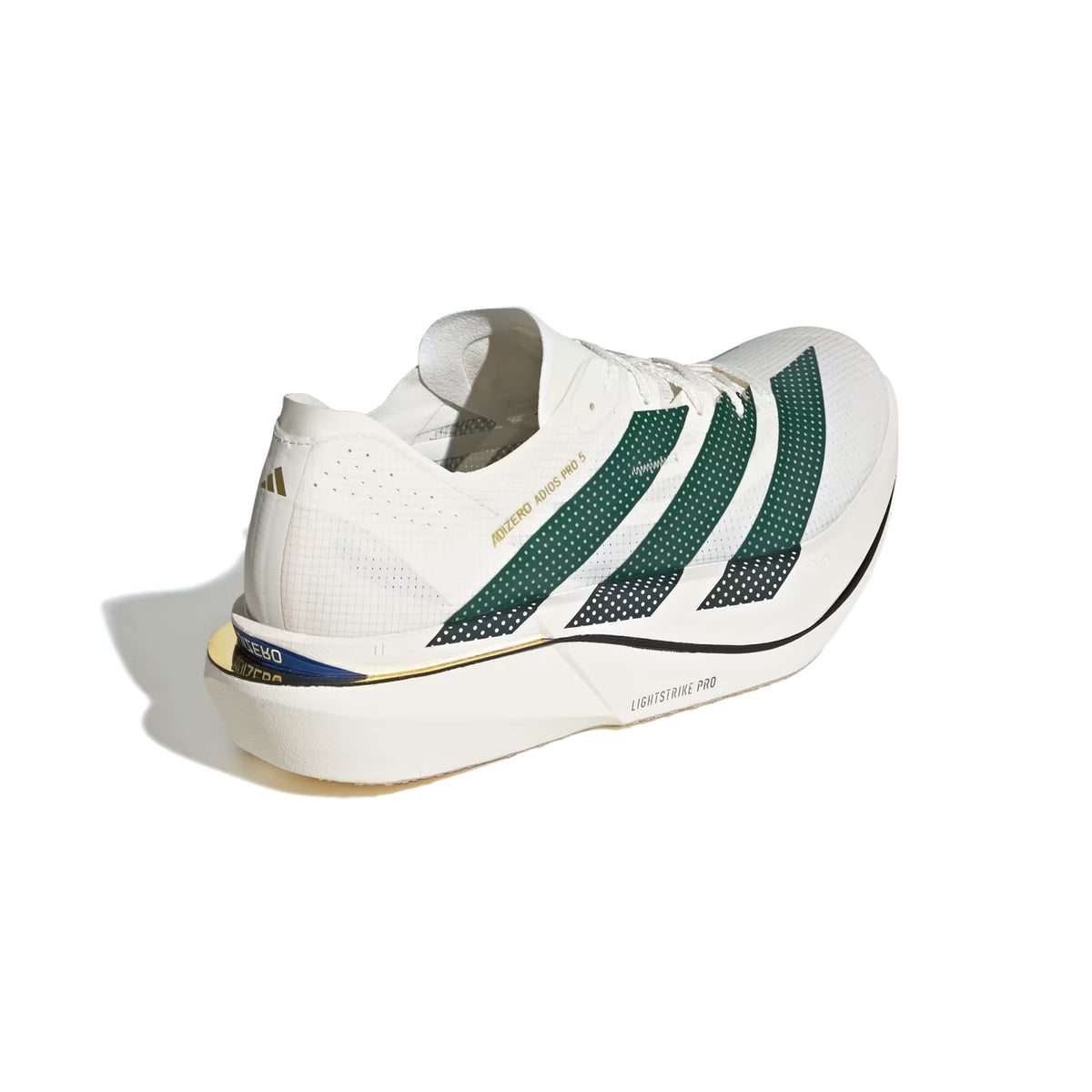 Off-white Men’s Adizero Adios Pro 5 running shoes with green and blue accents on the side and a thick, chunky sole.