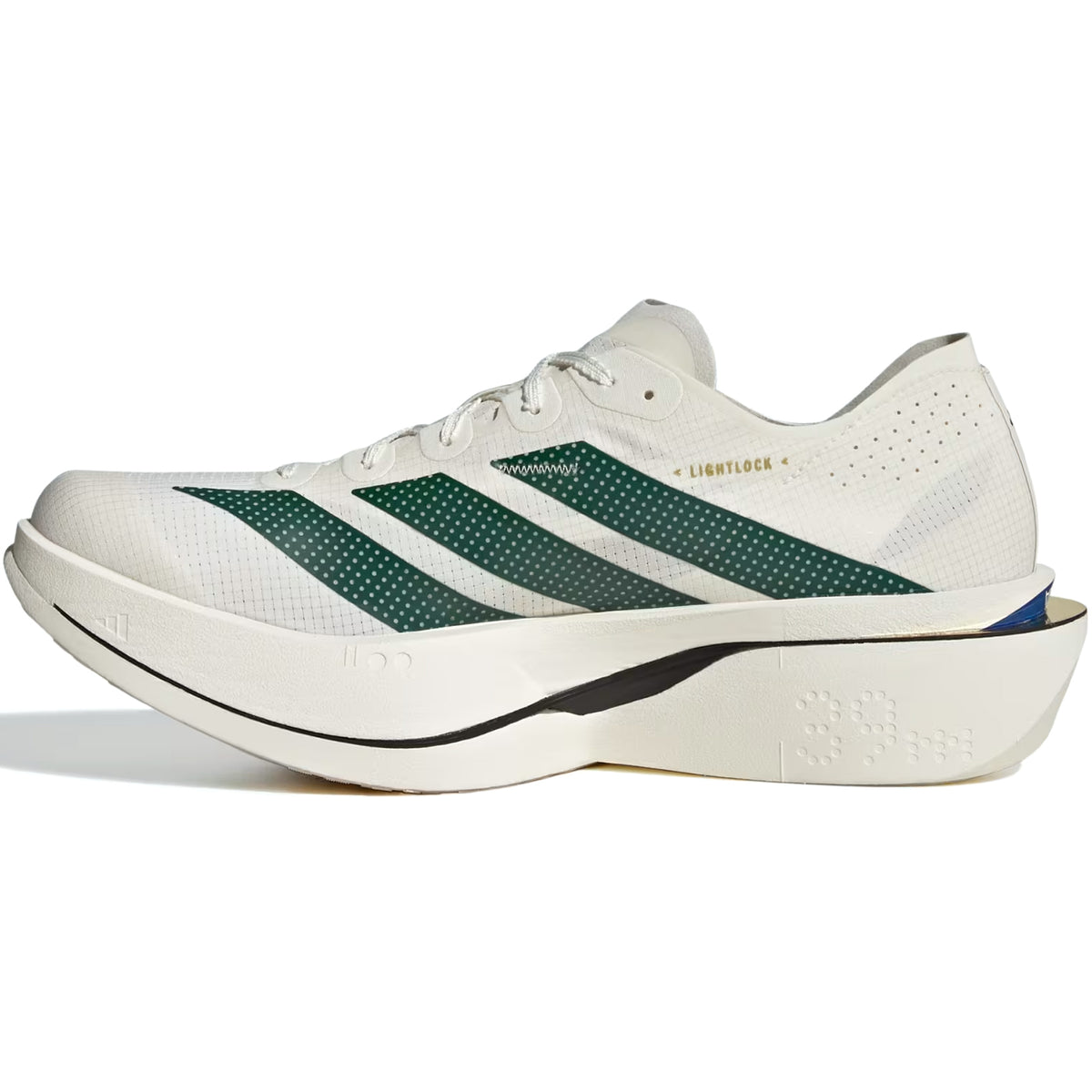 Adidas Men’s Adizero Adios Pro 5 Running Shoes in off-white with three green stripes on the side, a thick white midsole, and a blue detail at the heel.