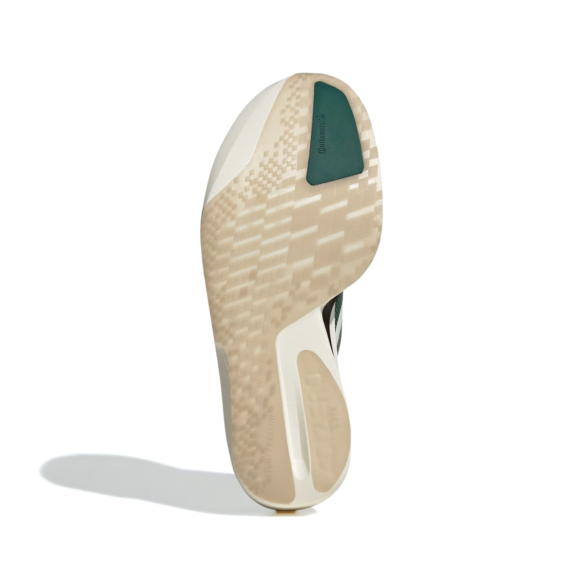 Bottom view of Men’s Adizero Adios Pro 5 Running Shoes Off White / Collegiate Green / Royal Blue featuring a translucent, textured outsole and a dark green rubber patch at the toe.