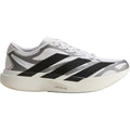 adidas Adizero EVO SL EXO men's running shoe in Cloud White / Core Black / Iron Metallic — outer view showing cloud white woven shell upper with core black exoskeleton overlays, oversized iron metallic 3-Stripes and LightstrikePro midsole profile