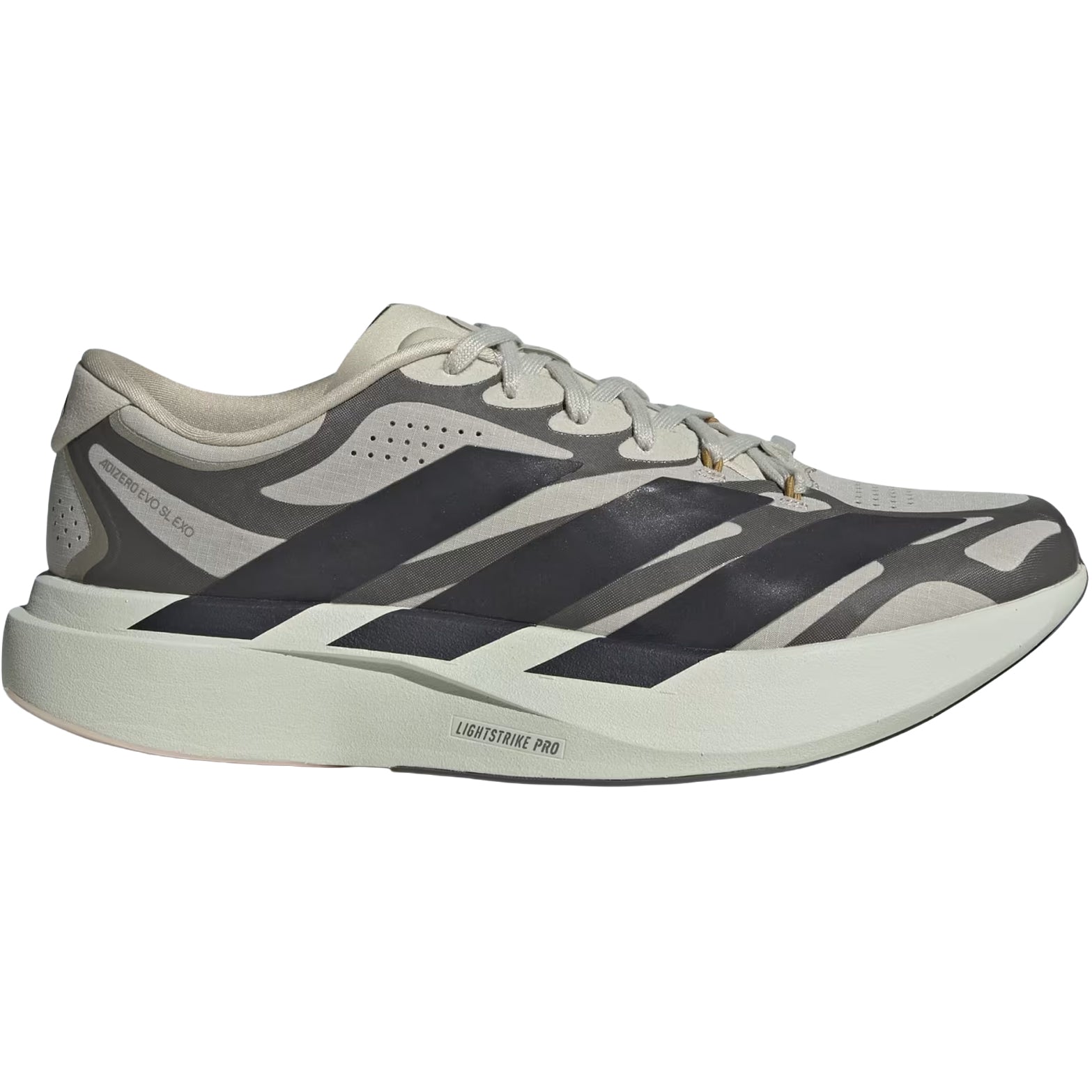 Men's adidas Adizero EVO SL EXO Running Shoes Putty Grey Utility Black Iron Metallic outer side view showing EXOSKELETON fit system with protective woven shell and LIGHTSTRIKE PRO cushioning