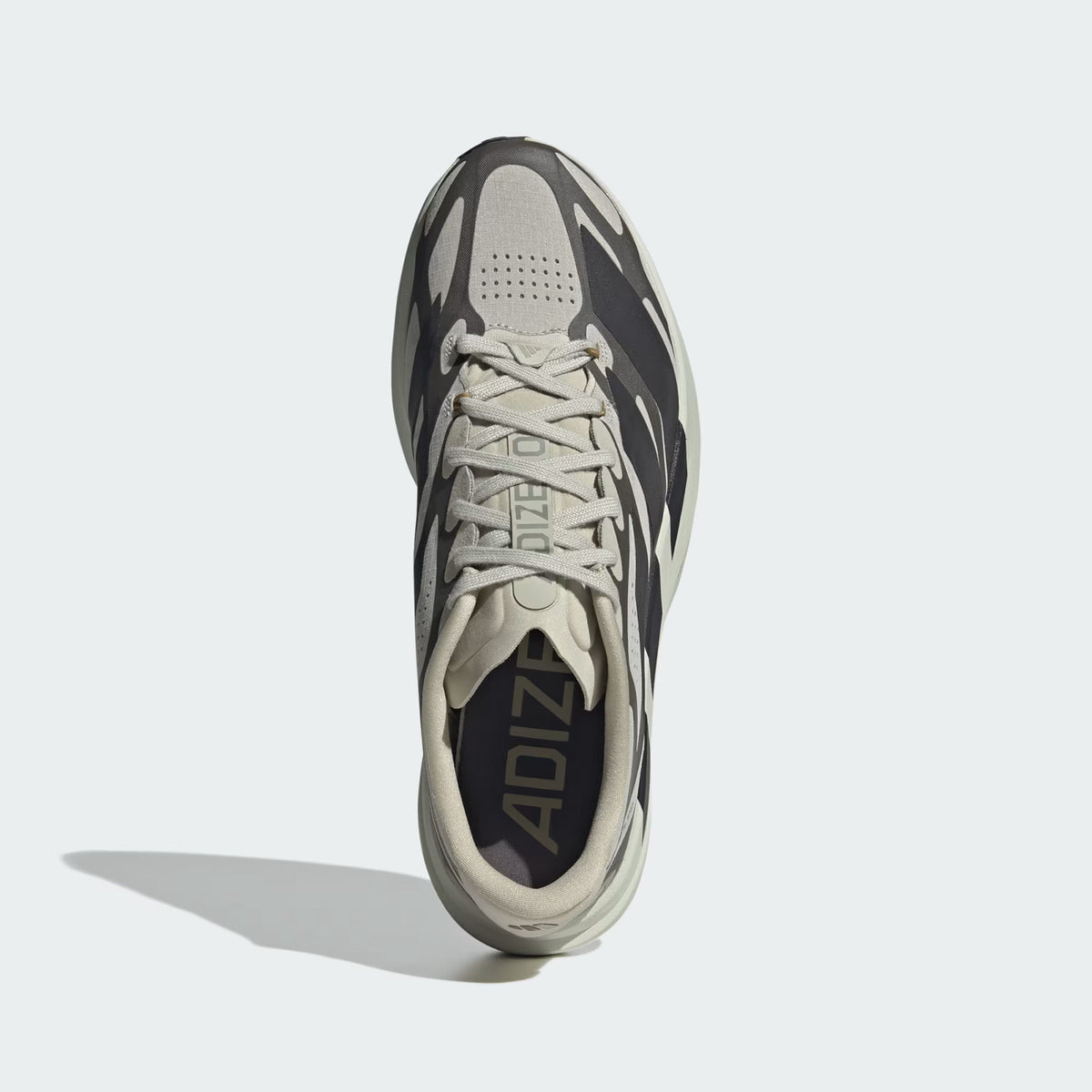 Men's adidas Adizero EVO SL EXO Running Shoes Putty Grey Utility Black Iron Metallic top view showing EXOSKELETON upper fit system with textile construction and racing-inspired oversized 3-Stripes