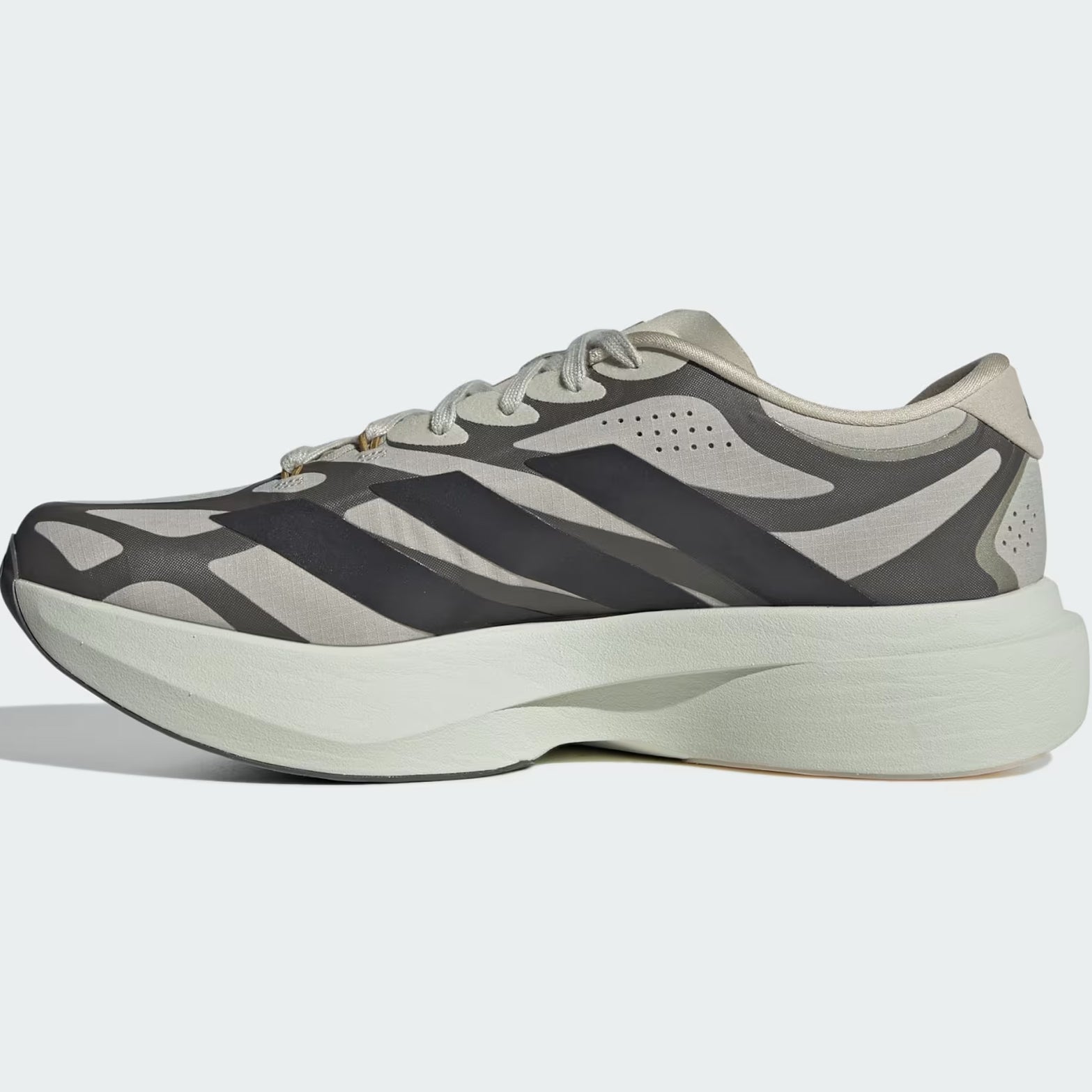 Men's adidas Adizero EVO SL EXO Running Shoes Putty Grey Utility Black Iron Metallic inner side view showing LIGHTSTRIKE PRO super-light cushioning with EXOSKELETON precision support