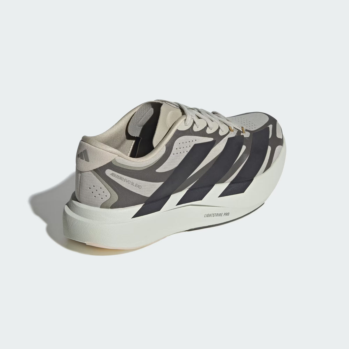 Men's adidas Adizero EVO SL EXO Running Shoes Putty Grey Utility Black Iron Metallic heel view showing EXOSKELETON fit system with heel-to-toe support and LIGHTSTRIKE PRO energy return