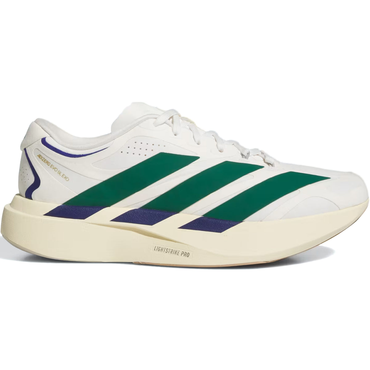 A Core White running shoe with Collegiate Green and cream accents, the men’s Adizero EVO SL EXO Suede Running Shoe by Adidas features a thick cream-colored sole and showcases “Adizero Adios Pro Evo 1” and “LIGHTSTRIKE PRO” text on the side. Designed with the advanced EXOSKELETON Fit System inspired by the adidas Adizero EVO SL EXO for enhanced support and performance.