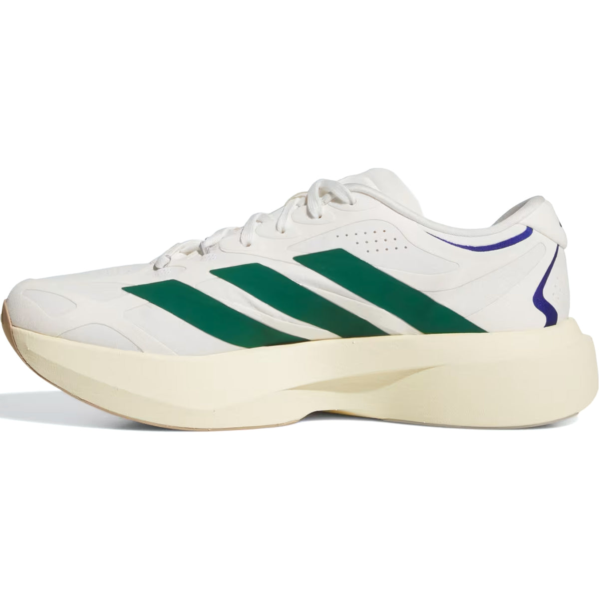 Introducing the Adidas Men’s Adizero EVO SL EXO Suede Running Shoes in Core White, Collegiate Green, and Cream White—these athletic sneakers showcase green stripes, blue accents on the heel, and a thick cream sole. Designed for exceptional performance with innovative LIGHTSTRIKE PRO cushioning and featuring the signature Adizero Evo SL EXO design, they are shown here from a side view.