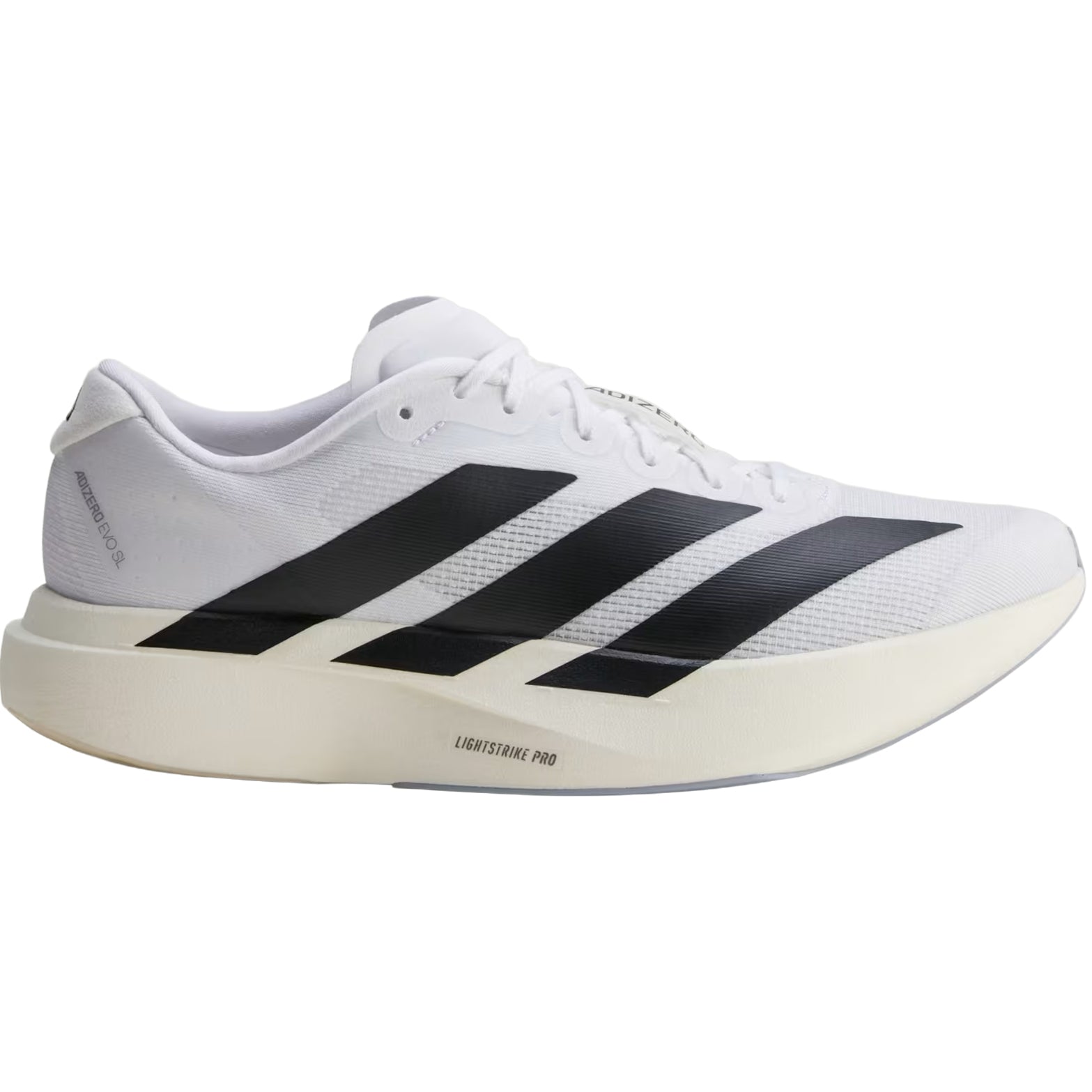 Men's adidas Adizero Evo SL Running Shoes Cloud White Core Black Cloud White outer side view showing LIGHTSTRIKE PRO foam midsole with racing-inspired design for running and lifestyle wear