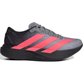 Men’s Adizero EVO SL Running Shoes Core Black / Solar Turbo / Light Onix, featuring a grey body, bright pink side stripes, and a thick black midsole with LIGHTSTRIKE PRO foam.