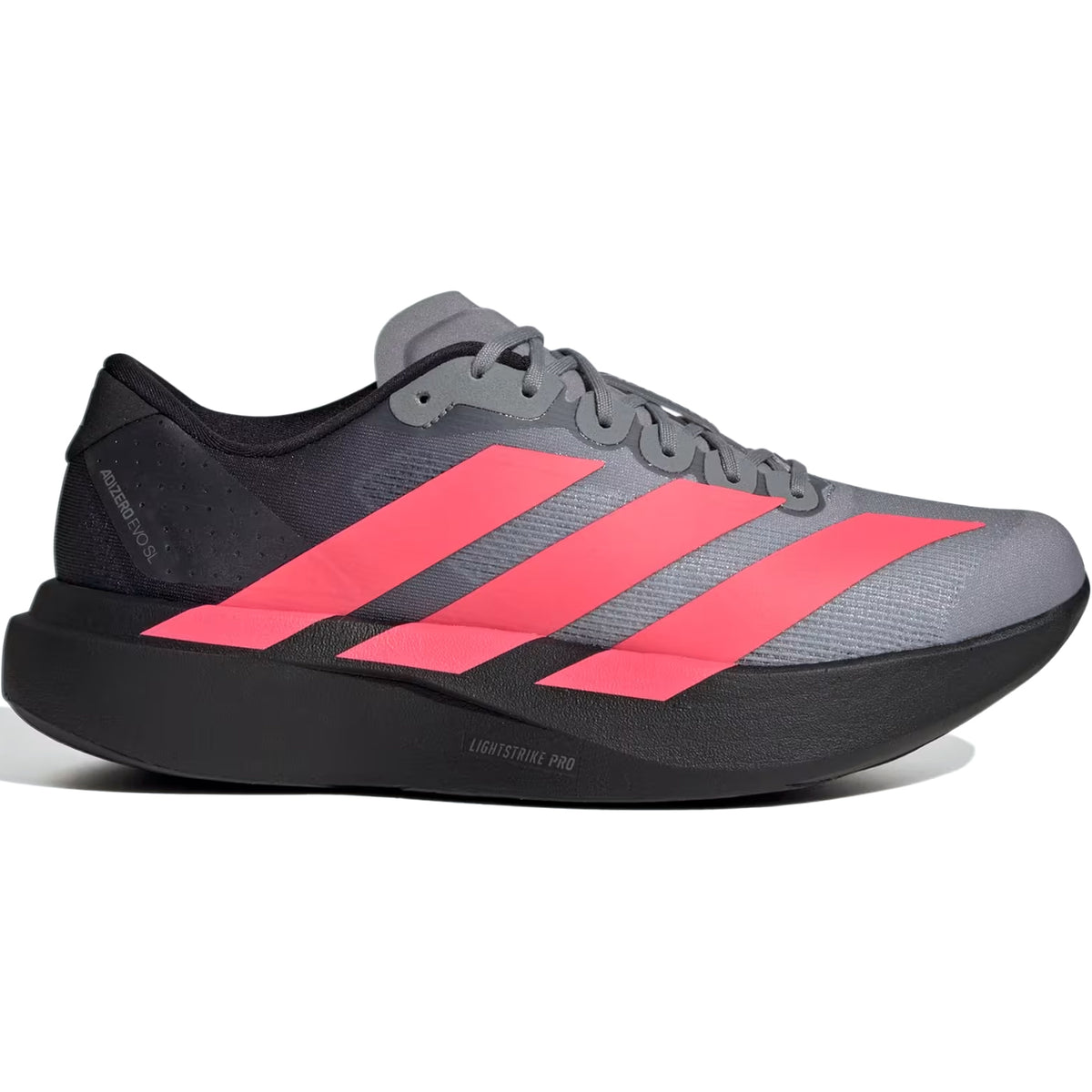 Men’s Adizero EVO SL Running Shoes Core Black / Solar Turbo / Light Onix, featuring a grey body, bright pink side stripes, and a thick black midsole with LIGHTSTRIKE PRO foam.