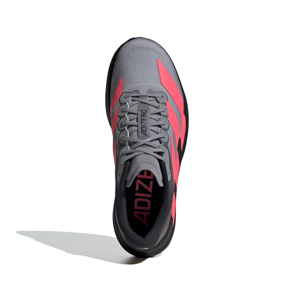 Top-down view of a grey and black Men’s Adizero EVO SL Running Shoes Core Black / Solar Turbo / Light Onix with pink accents and the word ADIZERO printed on the tongue and insole.