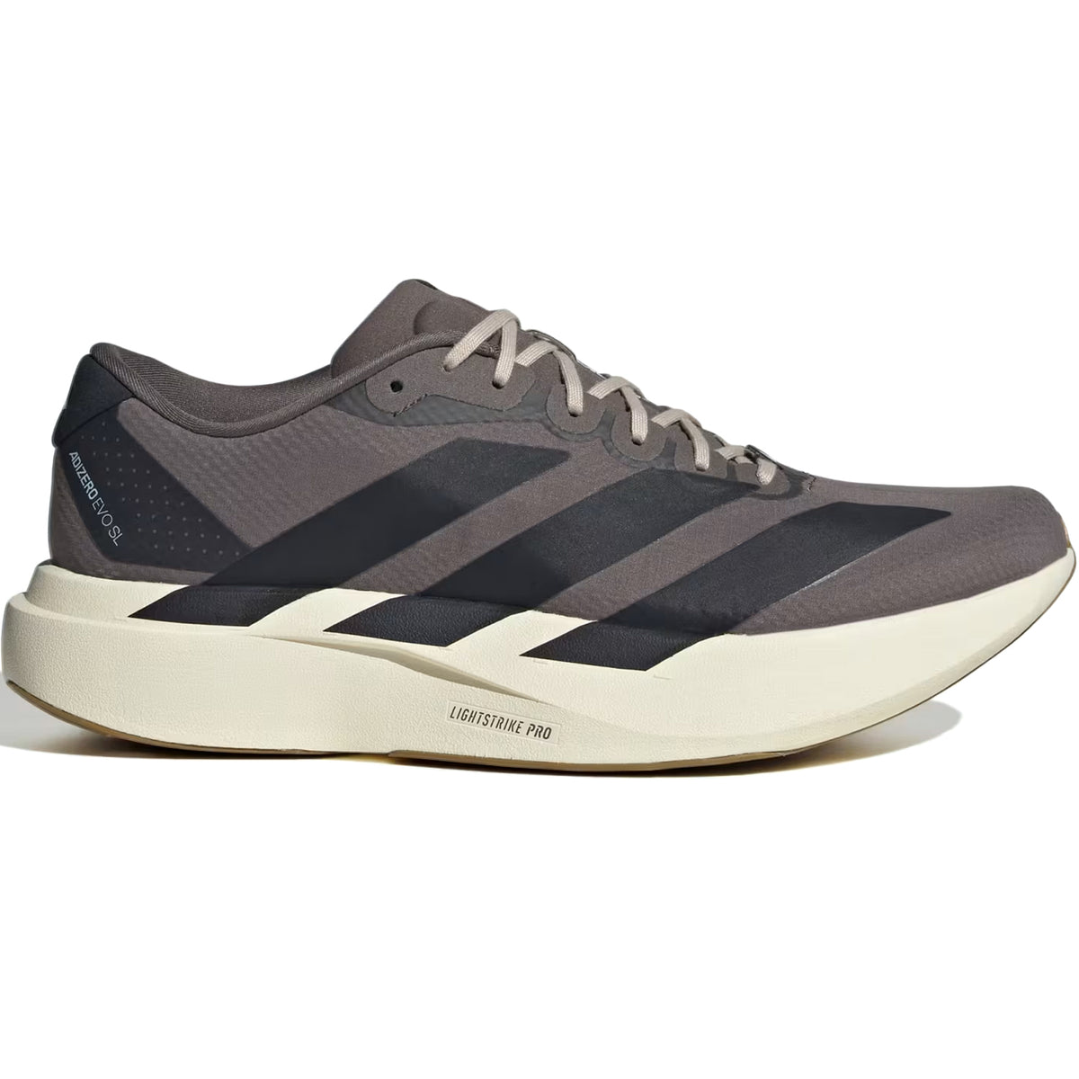 Men’s Adizero EVO SL Woven H.Koumori Running Shoe by Adidas in Charcoal, Night Grey, and Clear Sky, featuring three black stripes on the side and LIGHTSTRIKE PRO text on the midsole. Shown in a profile view facing right with a white sole.