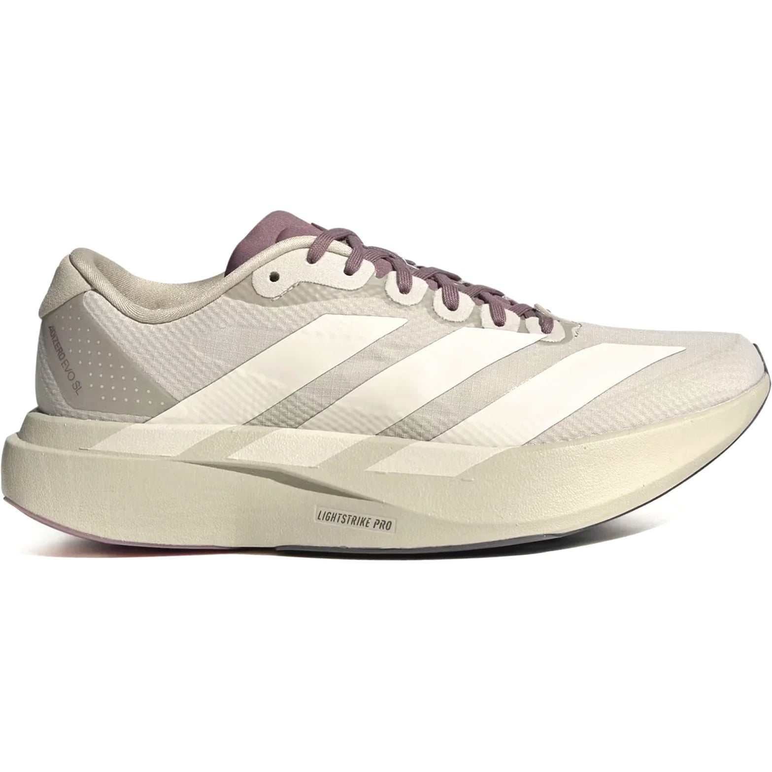 Men's Adizero EVO SL Woven H.Koumori Running Shoes Putty Grey Alumina Shadow Fig outer side view showing LIGHTSTRIKE PRO midsole